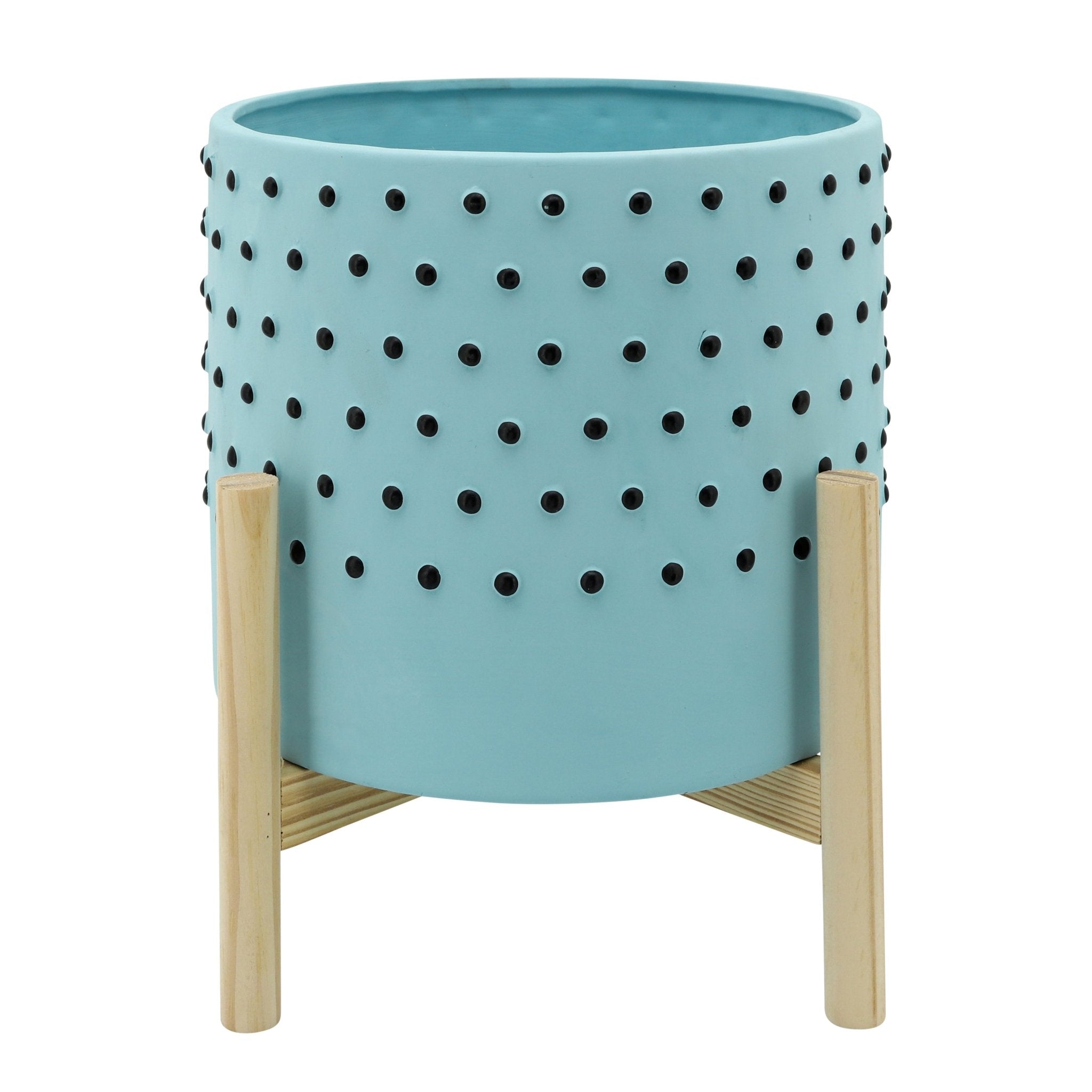 10" Dotted Planter with Wood Stand, Blue | Zigeze