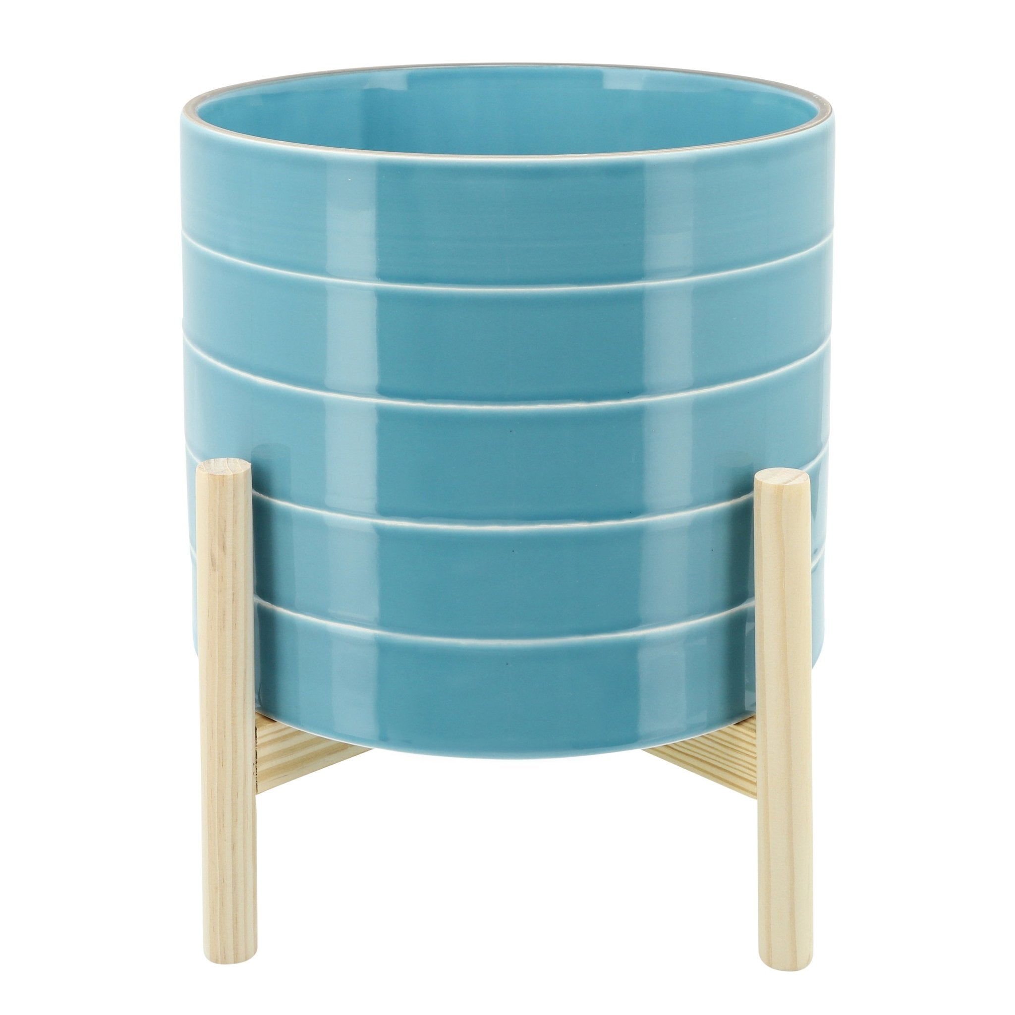 10" Striped Planter with Wood Stand, Blue | Zigeze