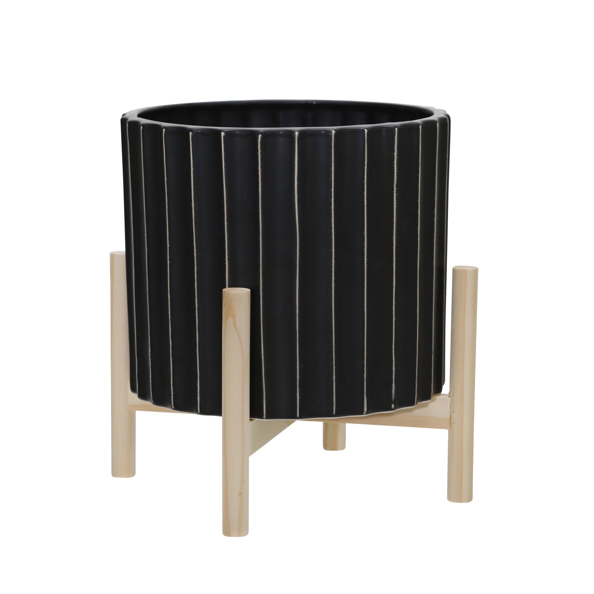 12" Fluted Planter with Wood Stand, Black | Zigeze