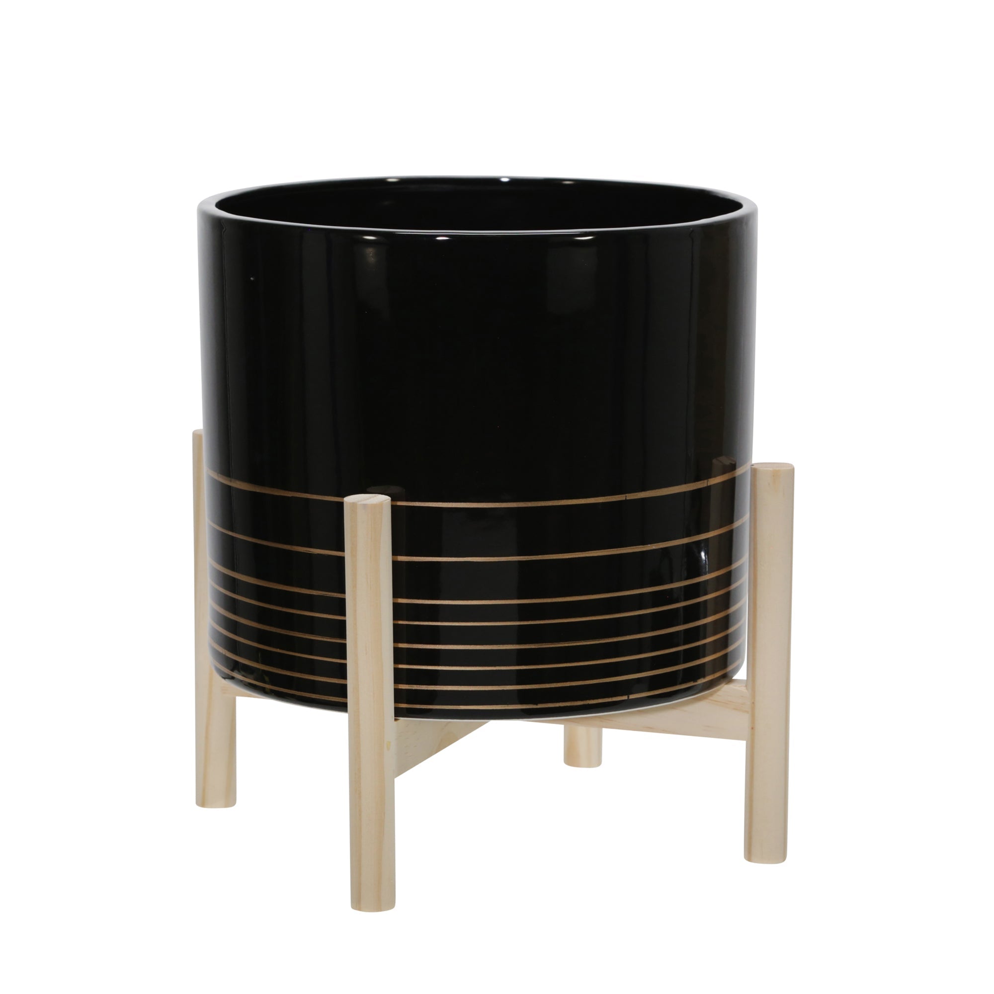 12" Metallic Planter with Wood Stand, Black | Zigeze