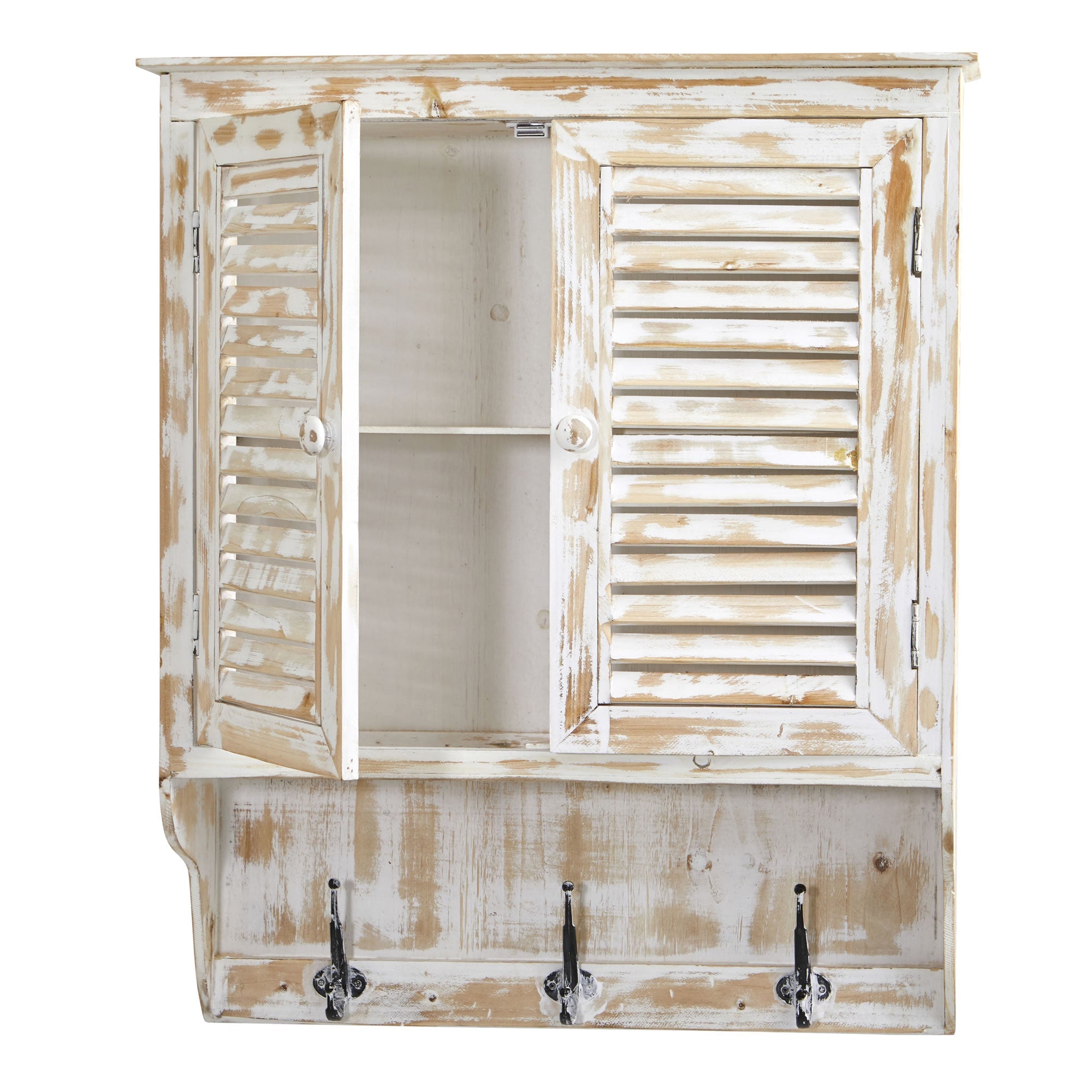 32 - Inch White Washed Wall Cabinet with Hooks | Zigeze