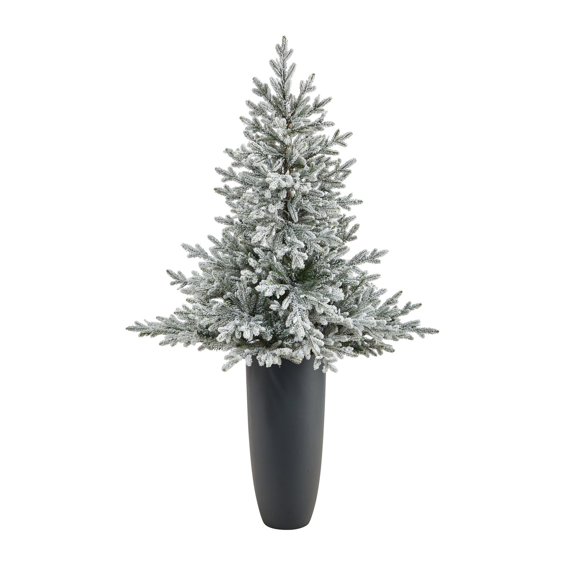 5' Flocked Fraser Fir with 300 Lights and 967 Branches in Gray Planter | Zigeze