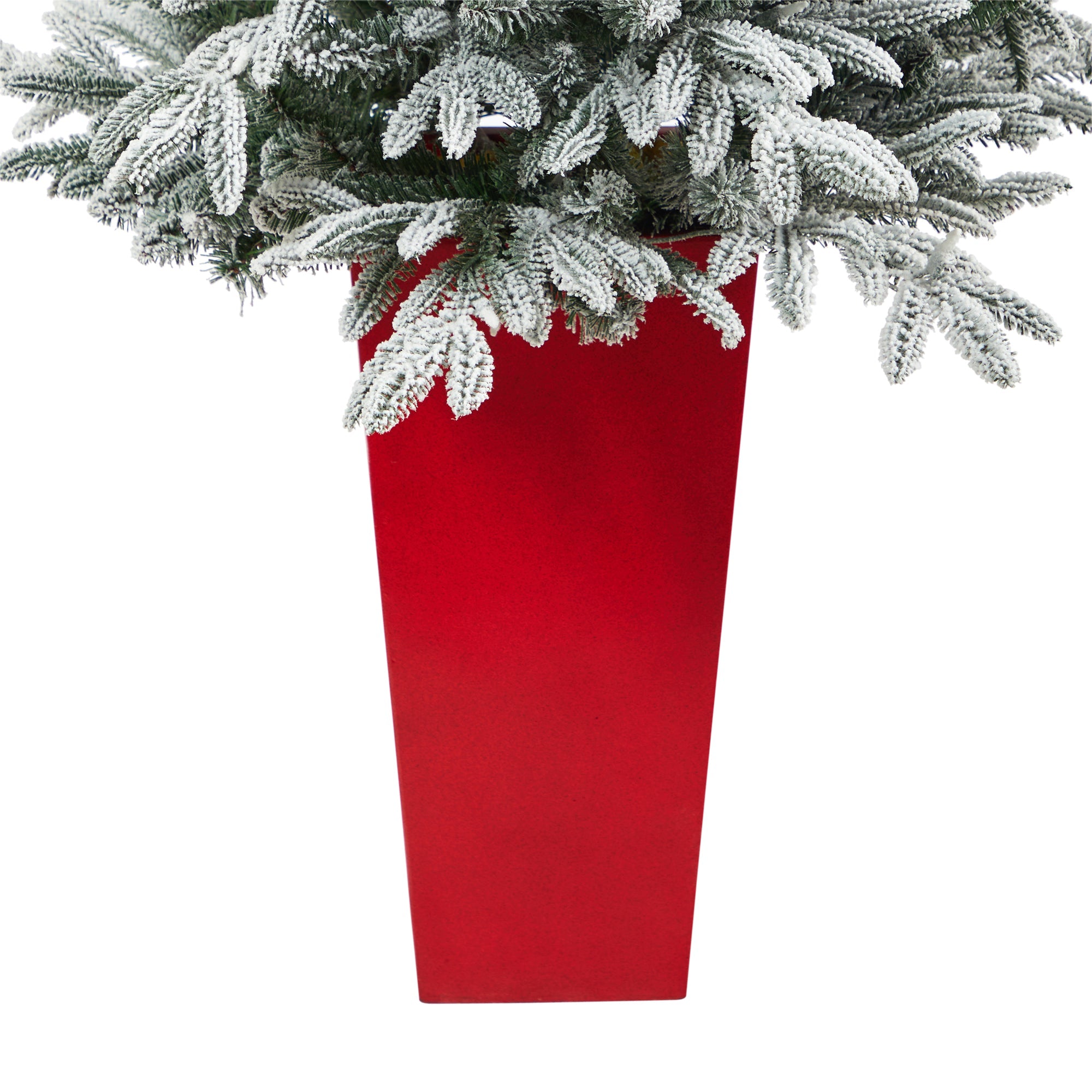 5' Flocked Manchester Spruce Tree with 100 Lights in Red Tower Planter | Zigeze