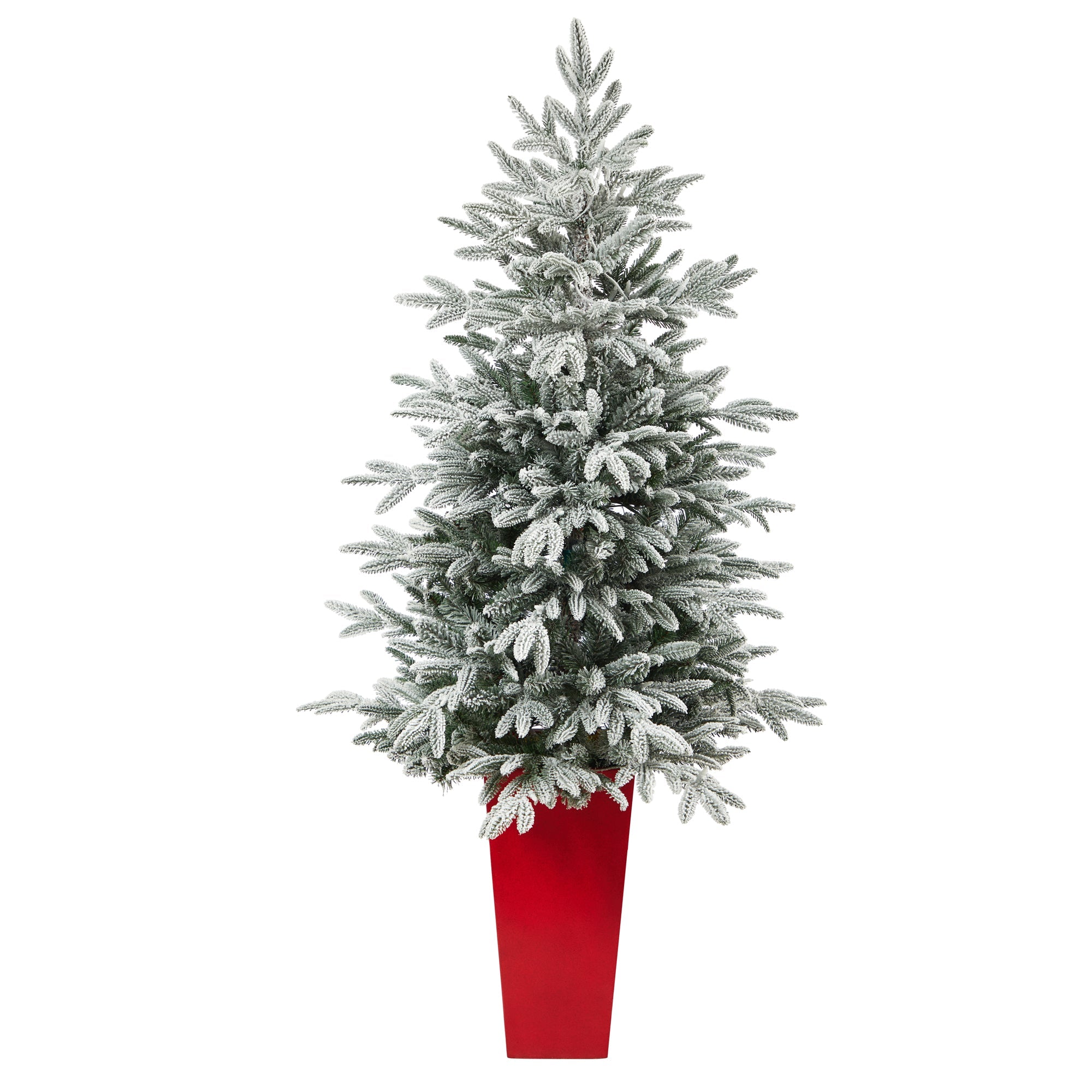 5' Flocked Manchester Spruce Tree with 100 Lights in Red Tower Planter | Zigeze