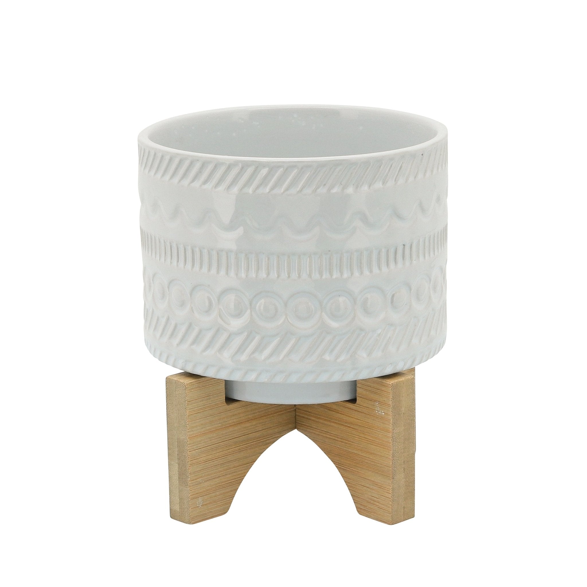 6" Tribal Planter with Wood Stand, White | Zigeze