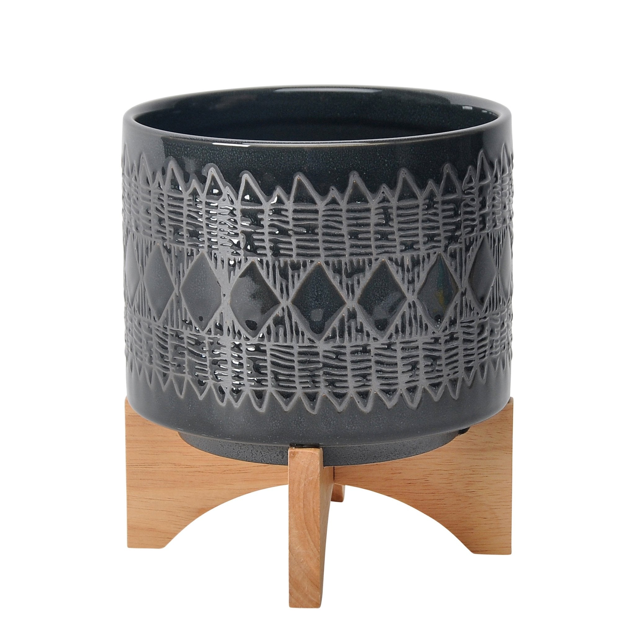 8" Aztec Planter On Wooden Stand, Black | Zigeze