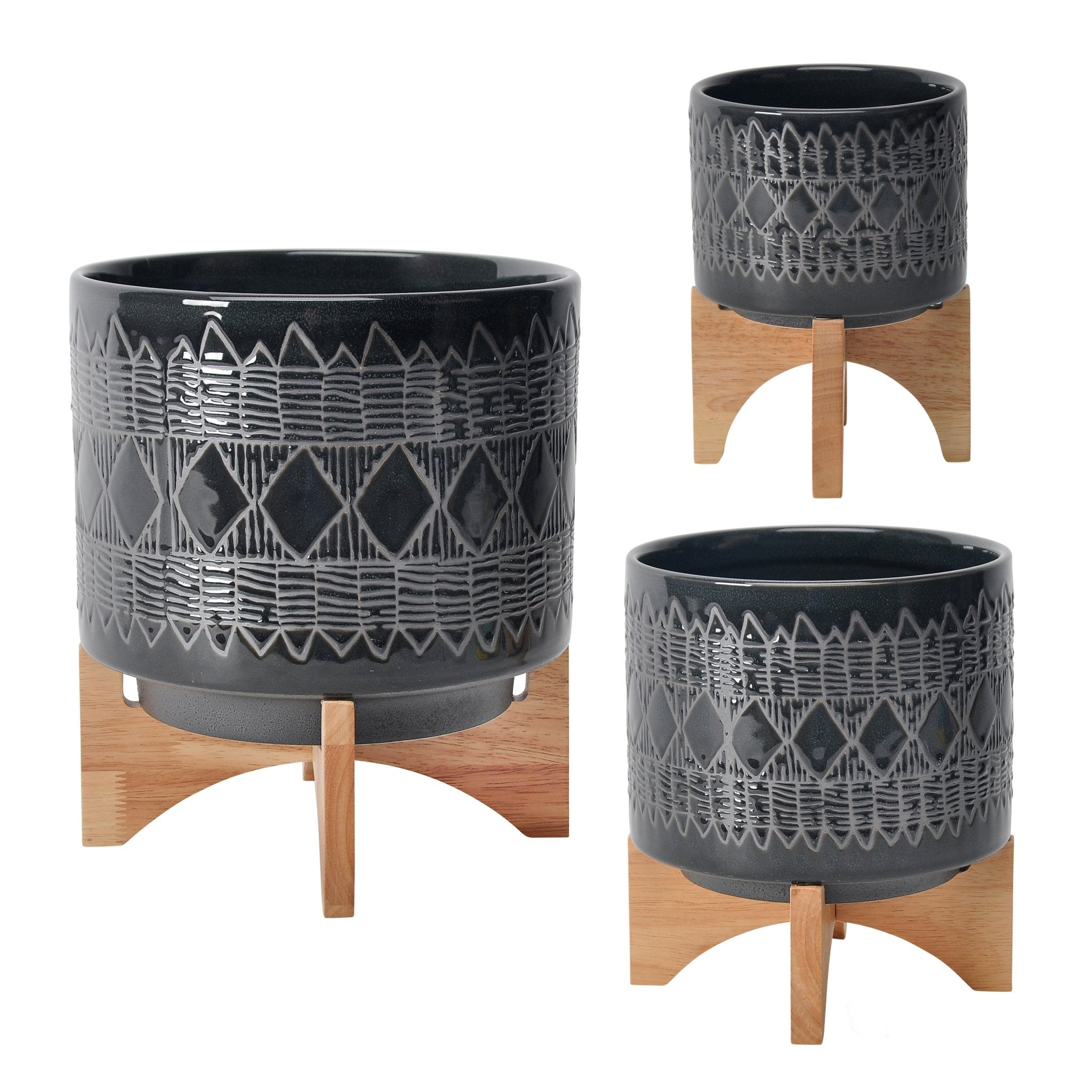 8" Aztec Planter On Wooden Stand, Black | Zigeze