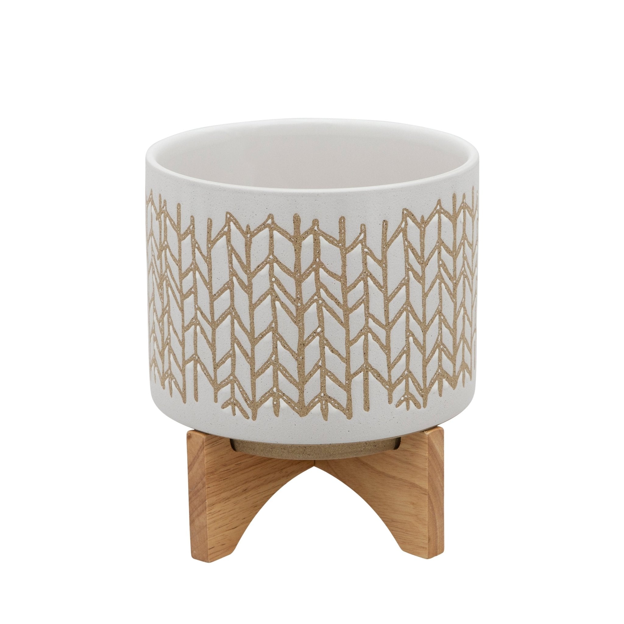 8" Chevron Planter with Wood Stand, Beige | Zigeze
