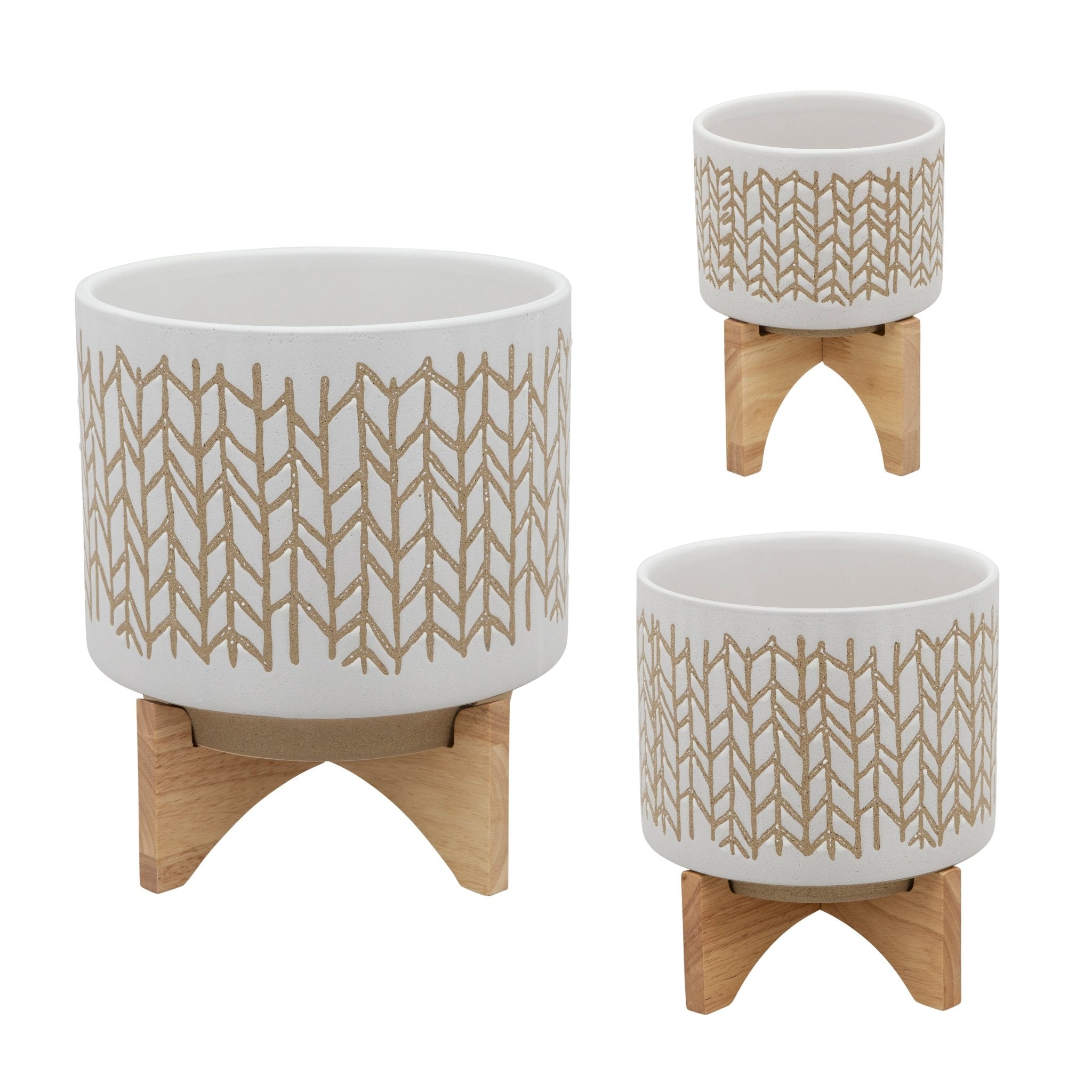 8" Chevron Planter with Wood Stand, Beige | Zigeze