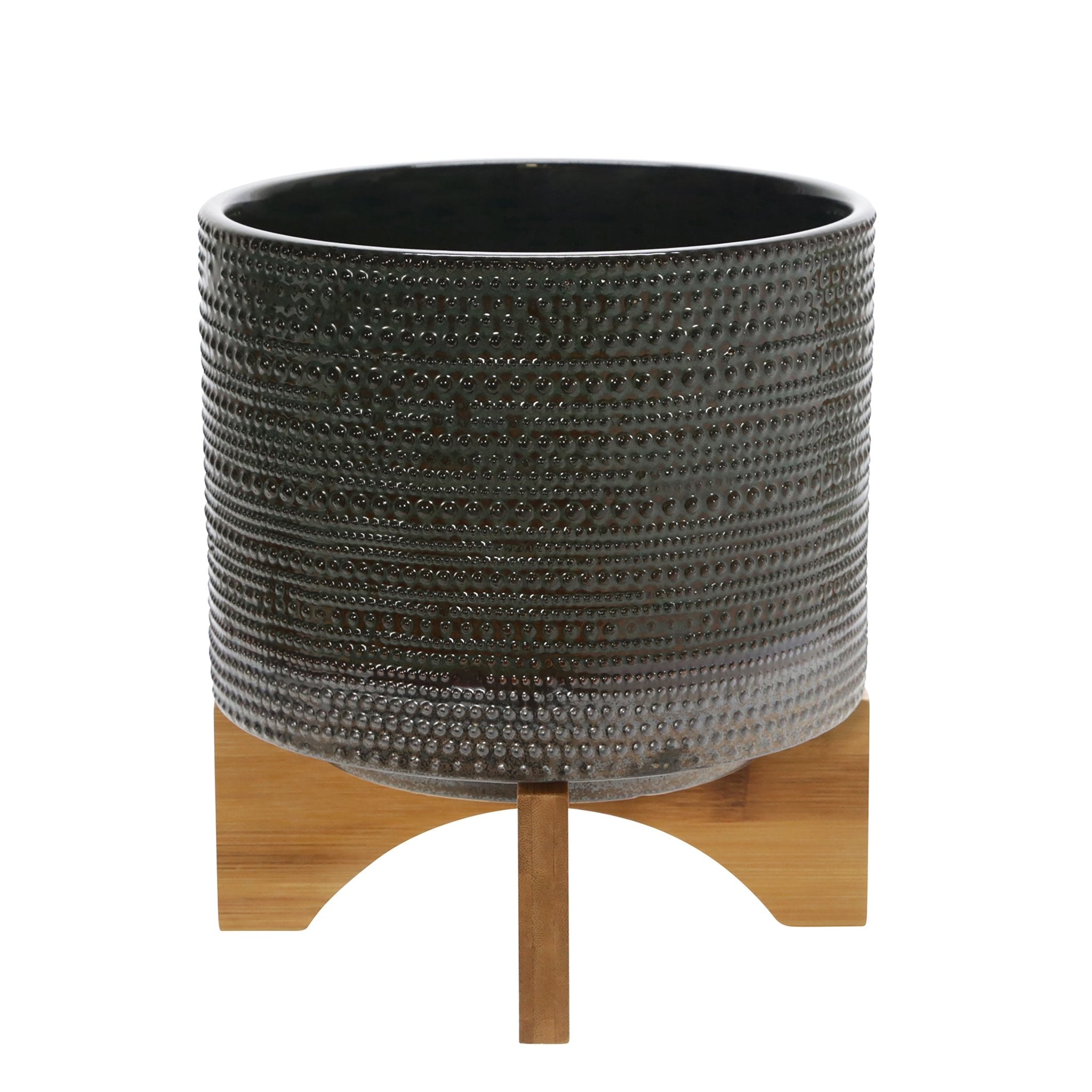 8" Dotted Planter with Wood Stand, Green | Zigeze