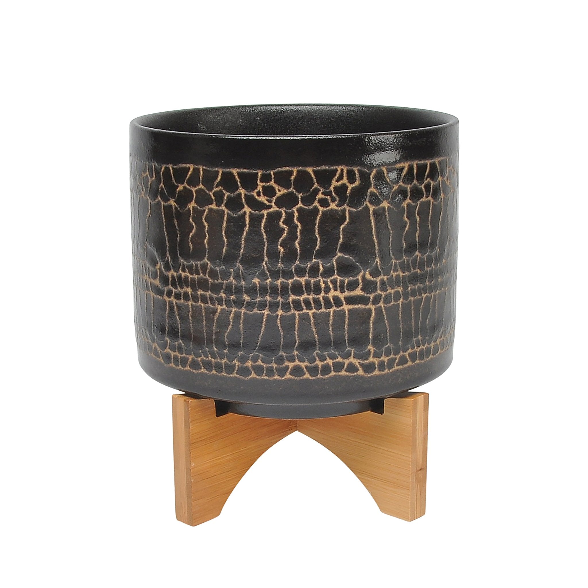 8" Glazed Planter with Stand, Black | Zigeze