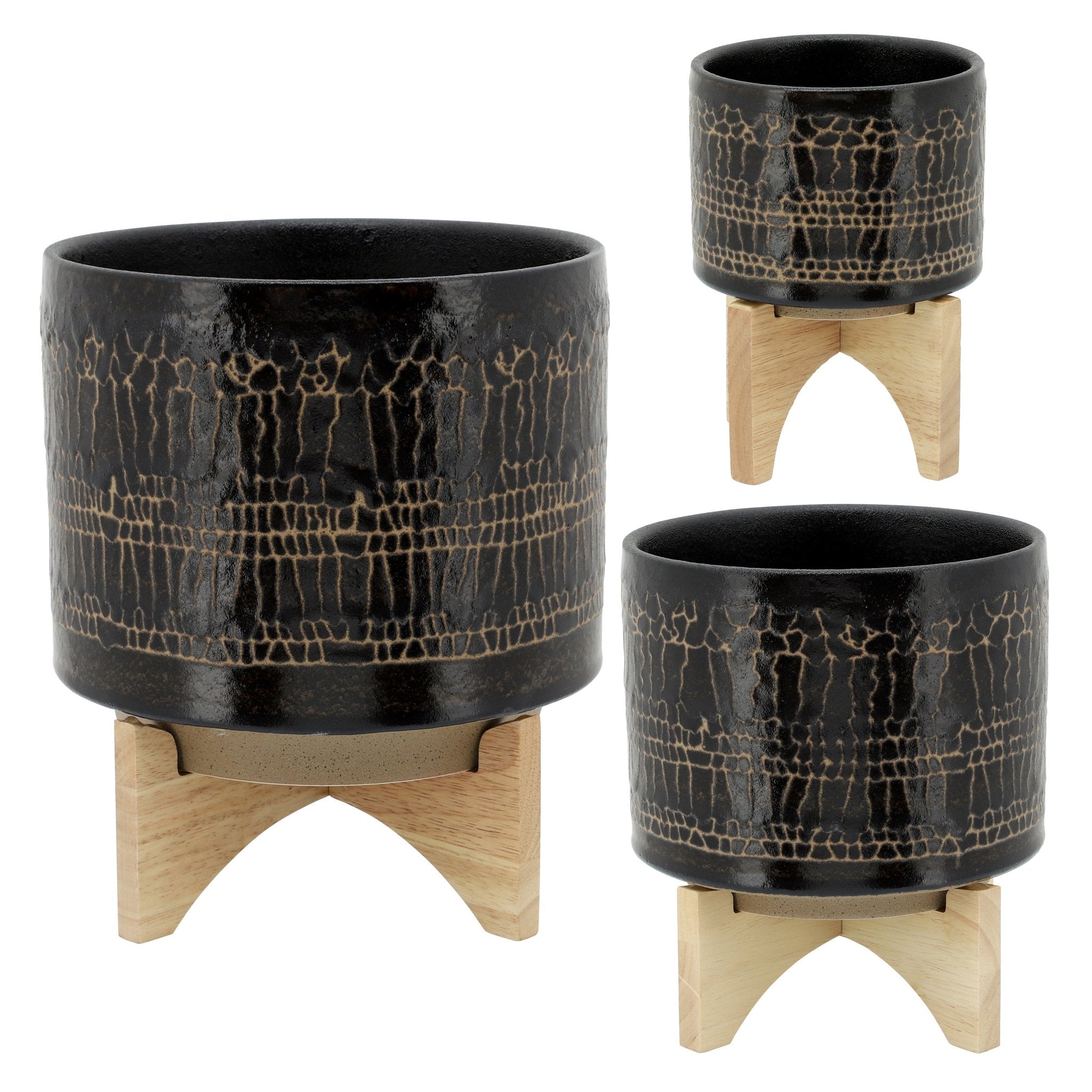 8" Glazed Planter with Stand, Black | Zigeze