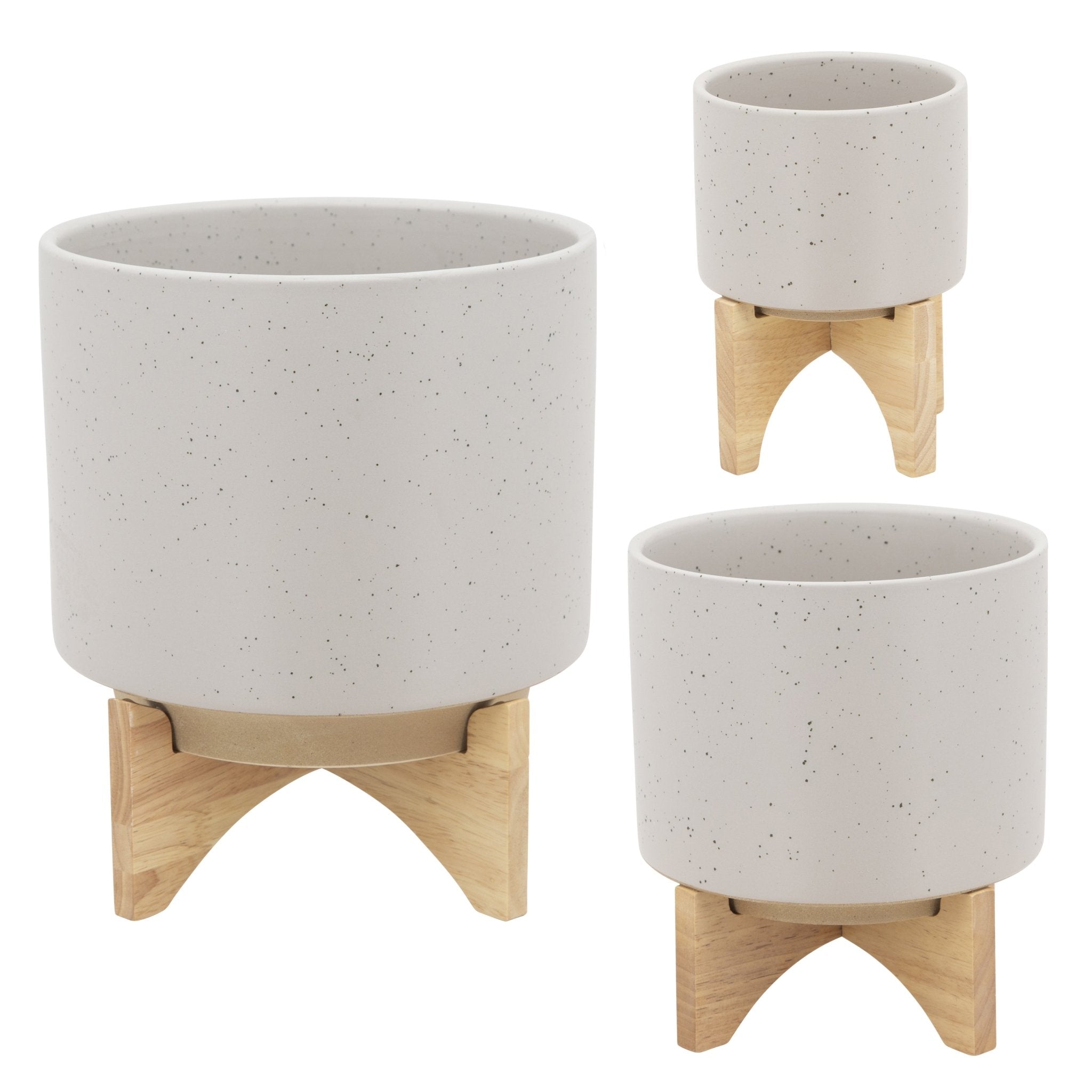 8" Planter with Wood Stand, Matte Beige | Zigeze