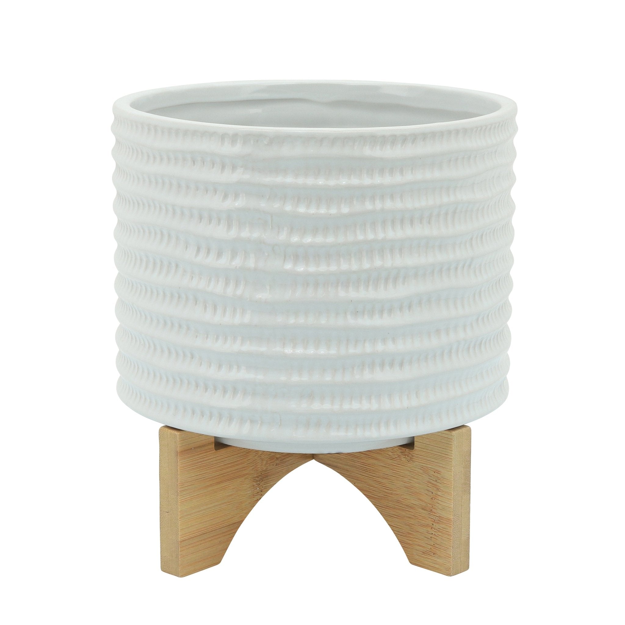 8" Textured Planter with Stand, White | Zigeze