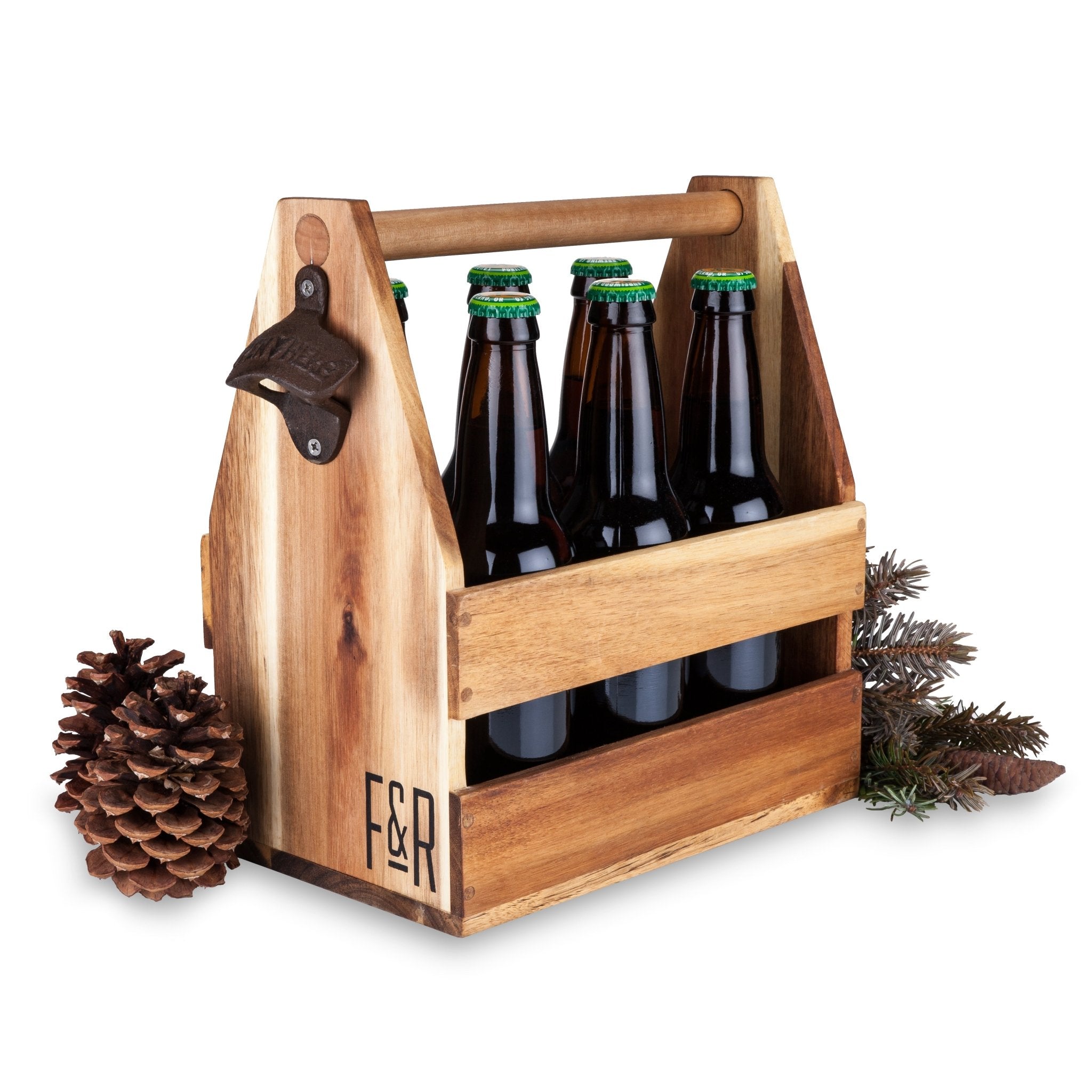 Acacia Wood Reusable Beer Caddy with Opener | Zigeze