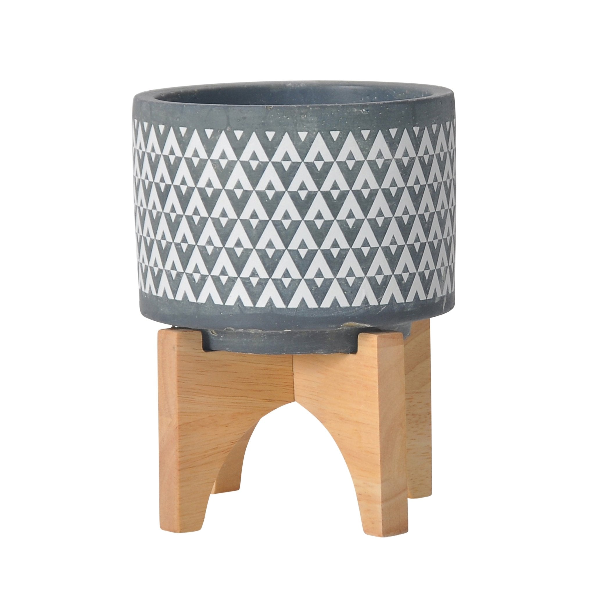 Ceramic 5" Aztec Planter On Wooden Stand, Gray | Zigeze