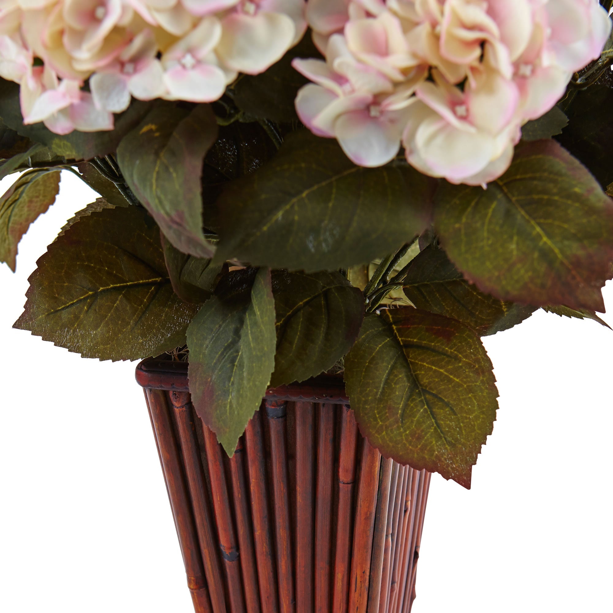 Cream and Pink Hydrangea in Bamboo Planter | Zigeze