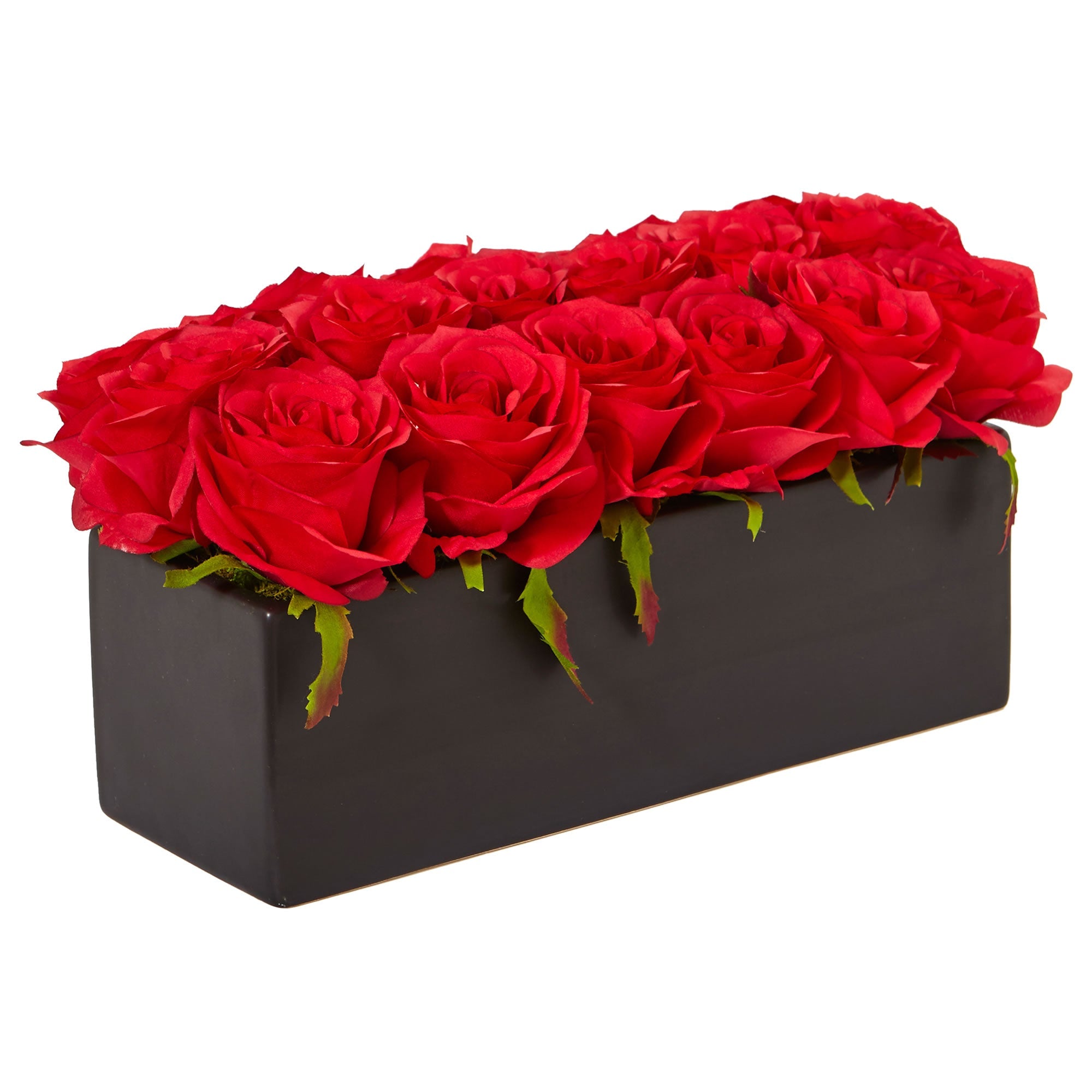 Faux Red Roses in Black Rectangular Planter | Zigeze