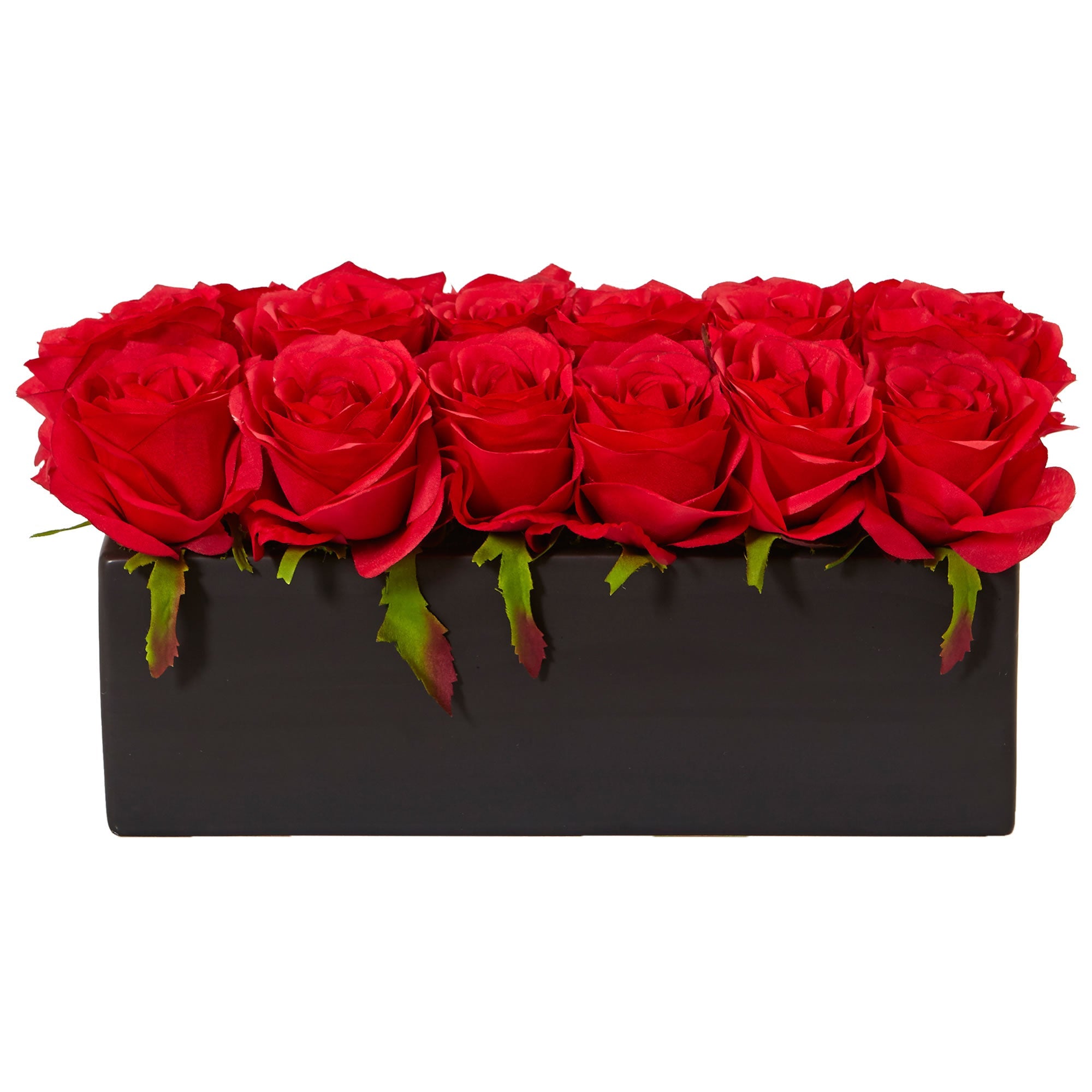 Faux Red Roses in Black Rectangular Planter | Zigeze