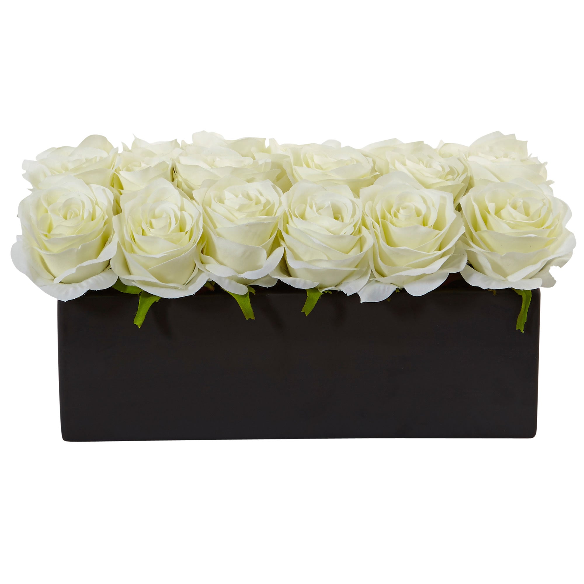Faux White Roses in Black Rectangular Planter | Zigeze