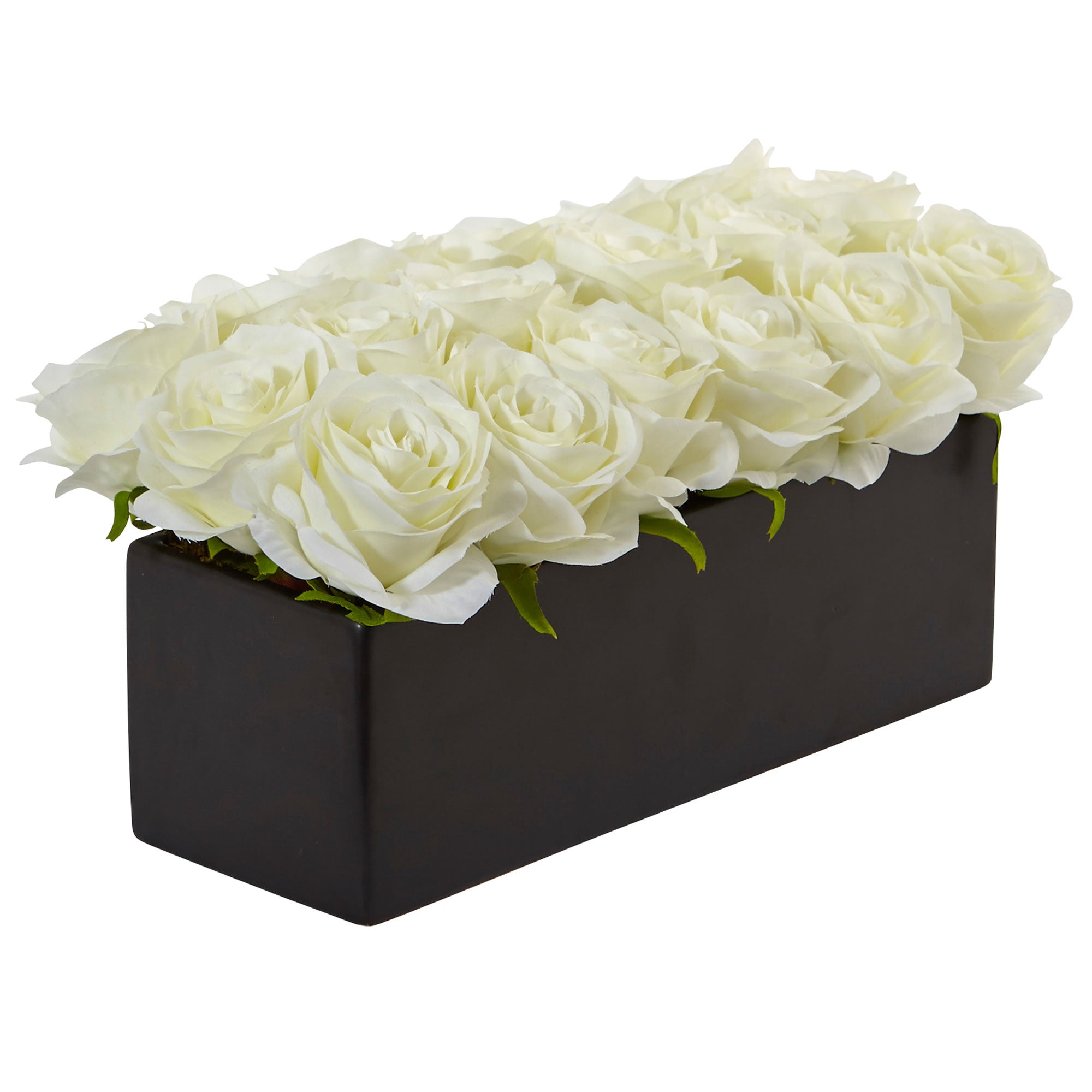 Faux White Roses in Black Rectangular Planter | Zigeze