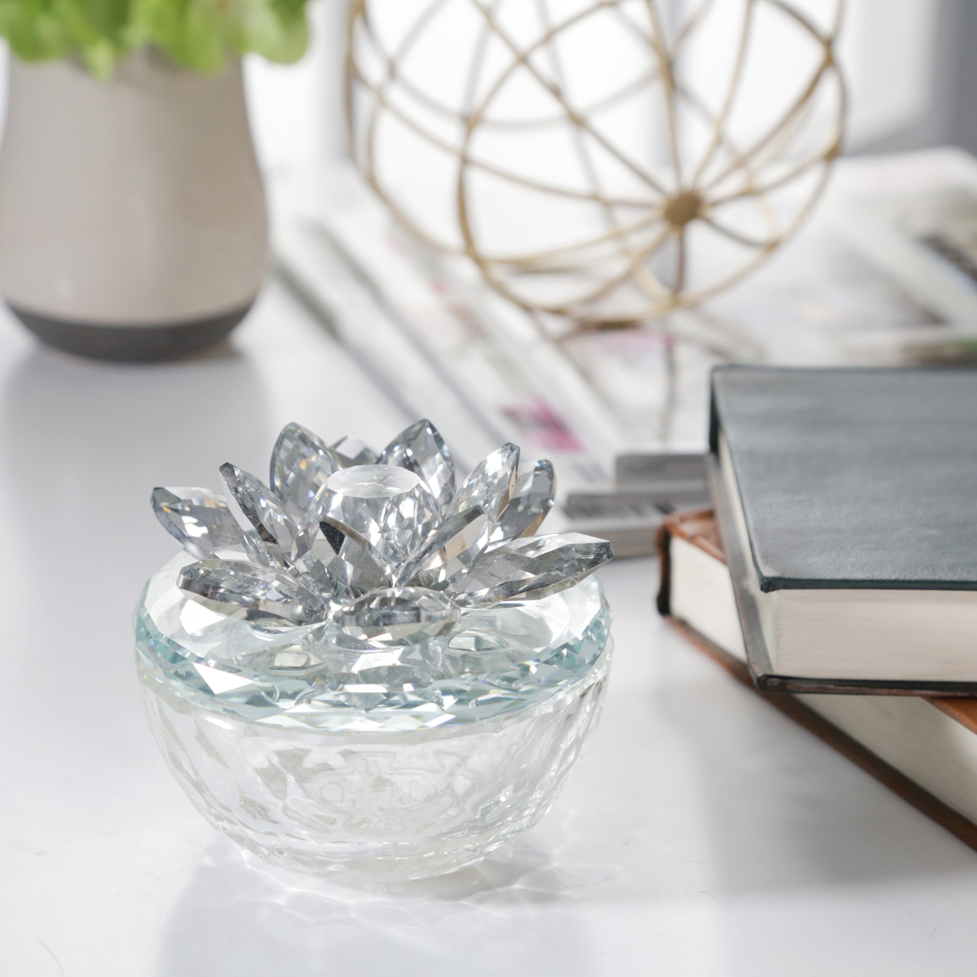Glass Trinket Box Clear with Silver Lotus Top | Zigeze