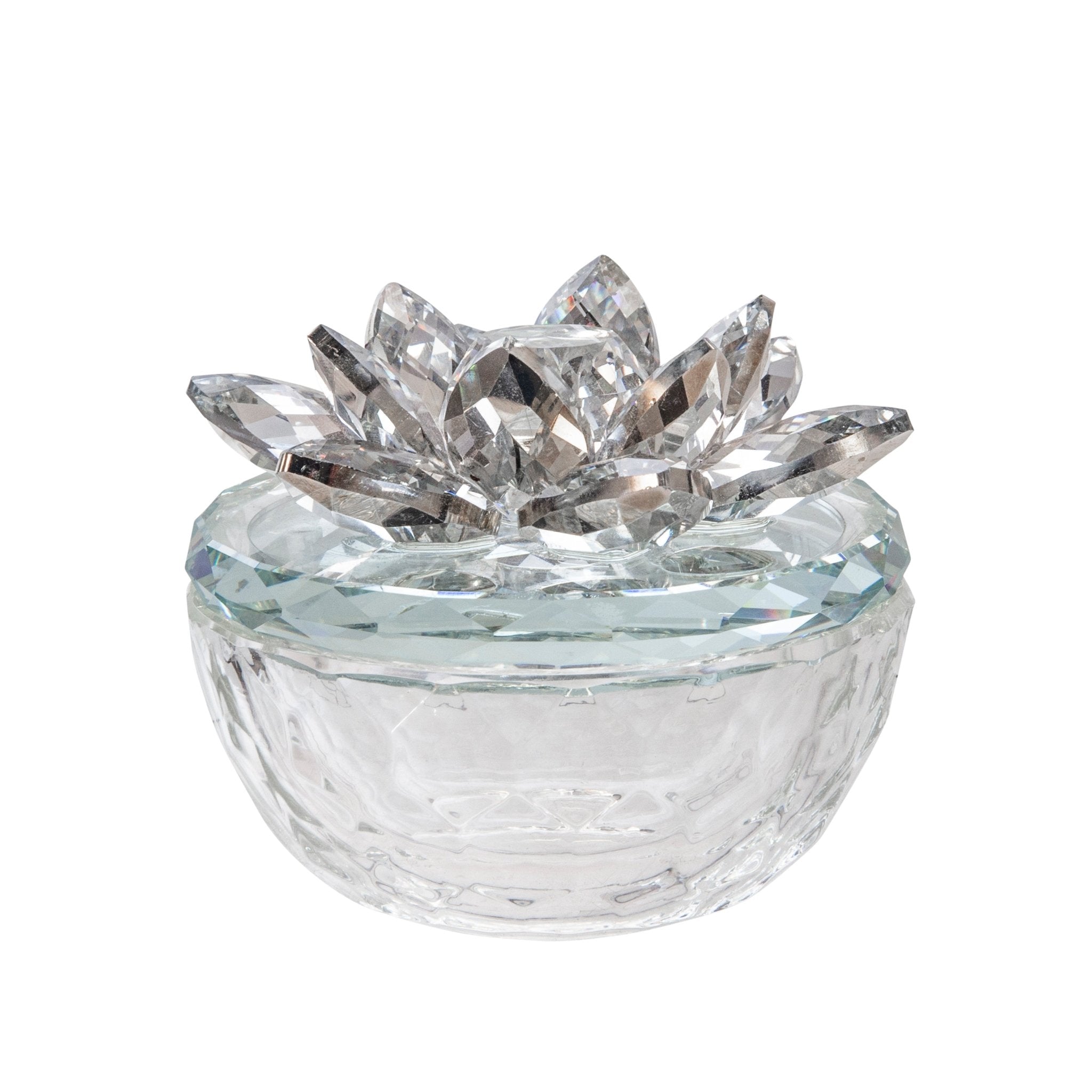 Glass Trinket Box Clear with Silver Lotus Top | Zigeze
