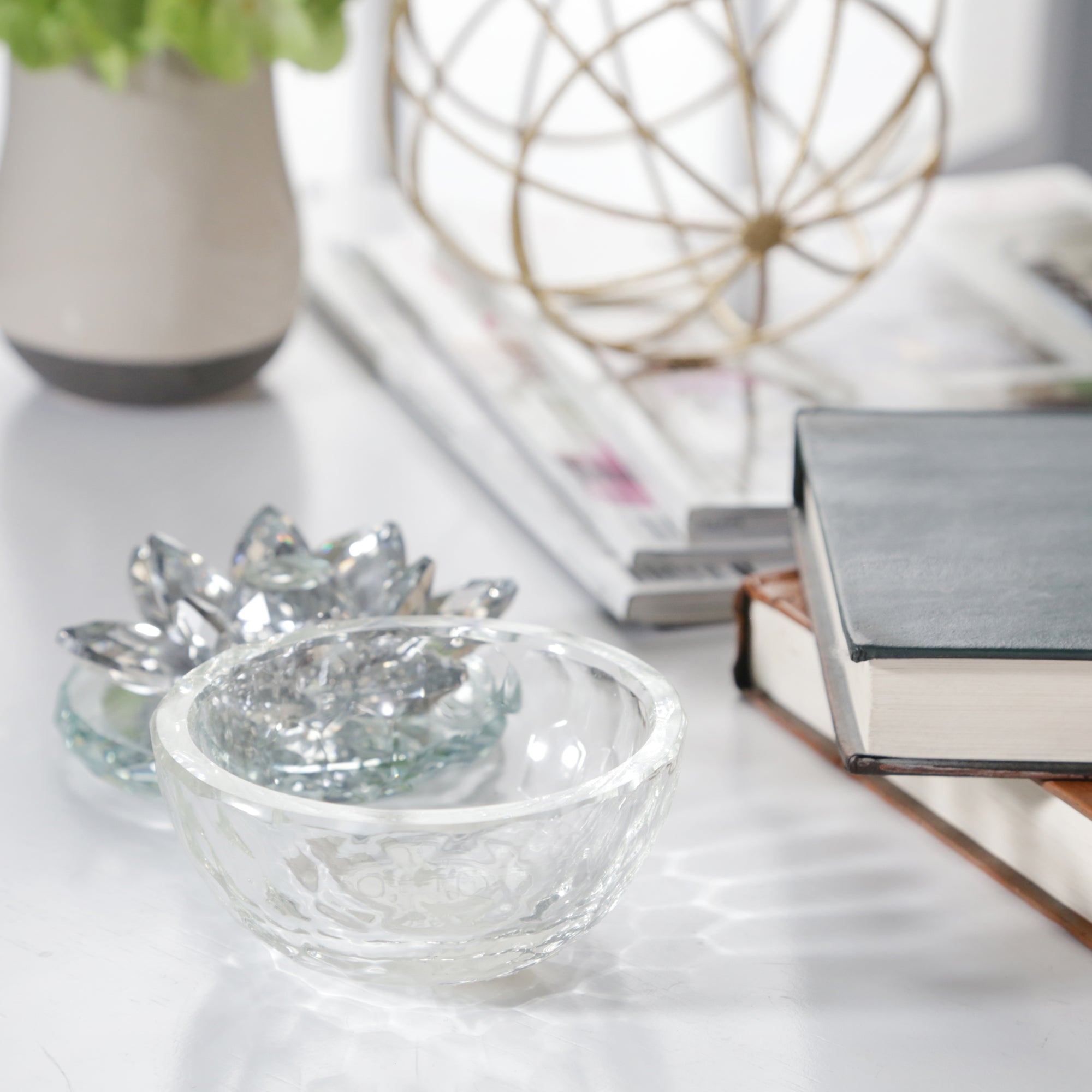 Glass Trinket Box Clear with Silver Lotus Top | Zigeze