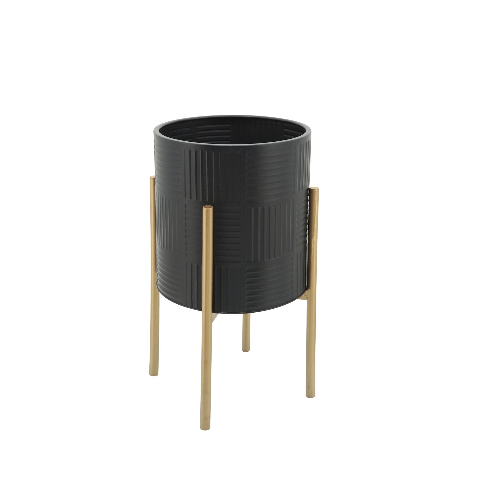 Set of 2 Planters with Lines On Stand, Black/Gold | Zigeze