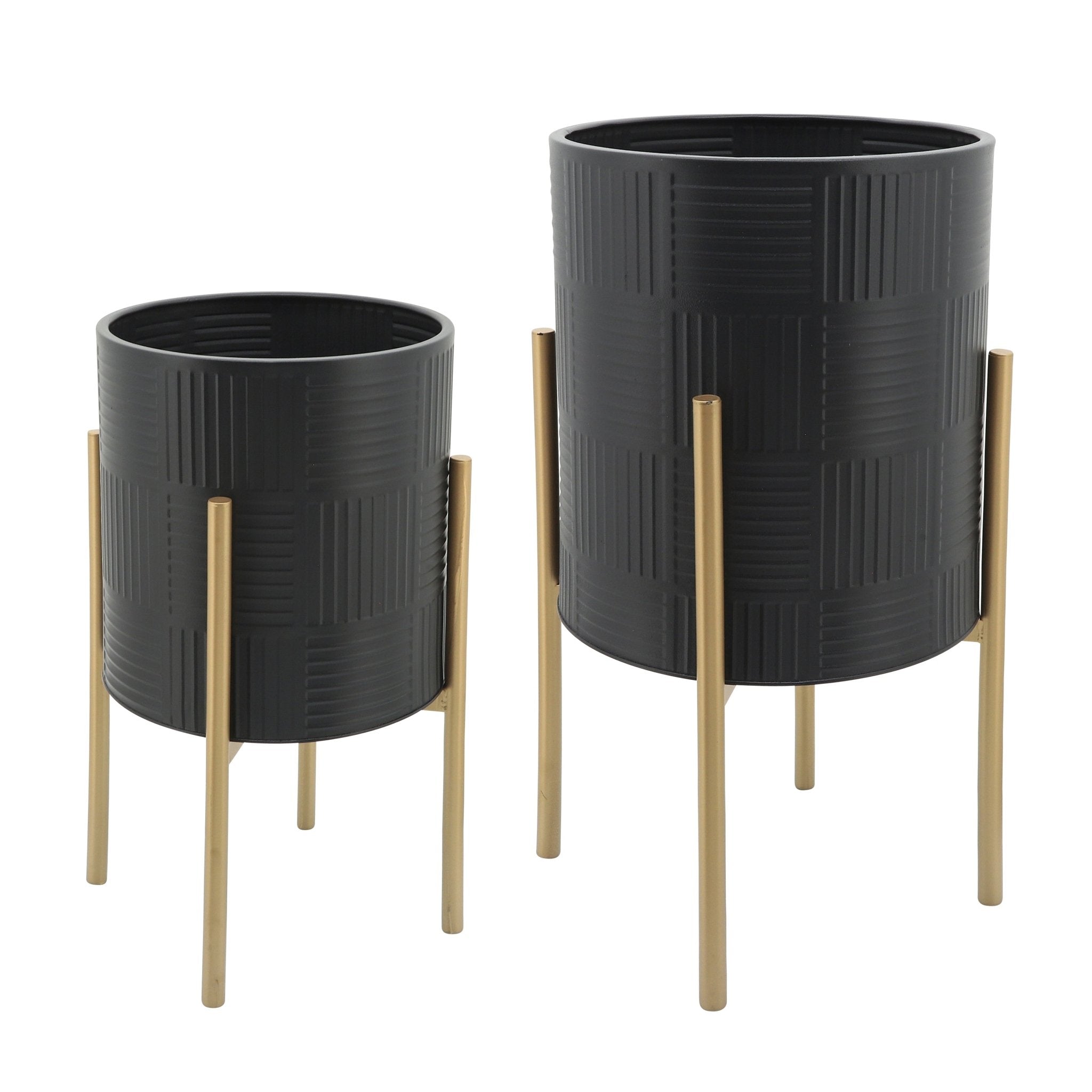 Set of 2 Planters with Lines On Stand, Black/Gold | Zigeze