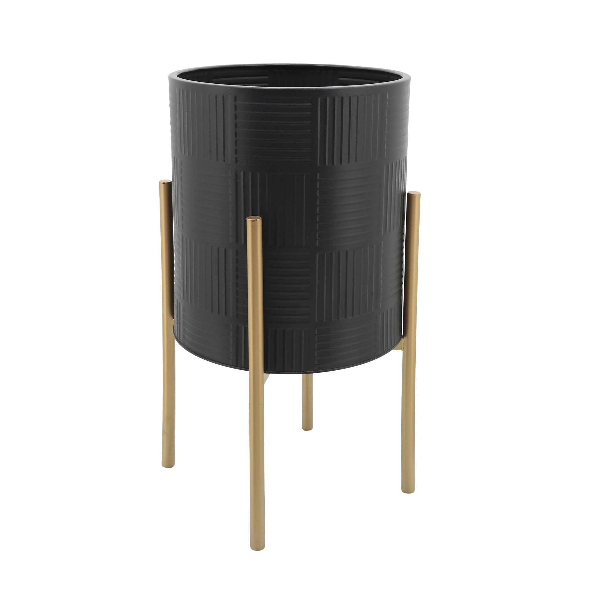 Set of 2 Planters with Lines On Stand, Black/Gold | Zigeze