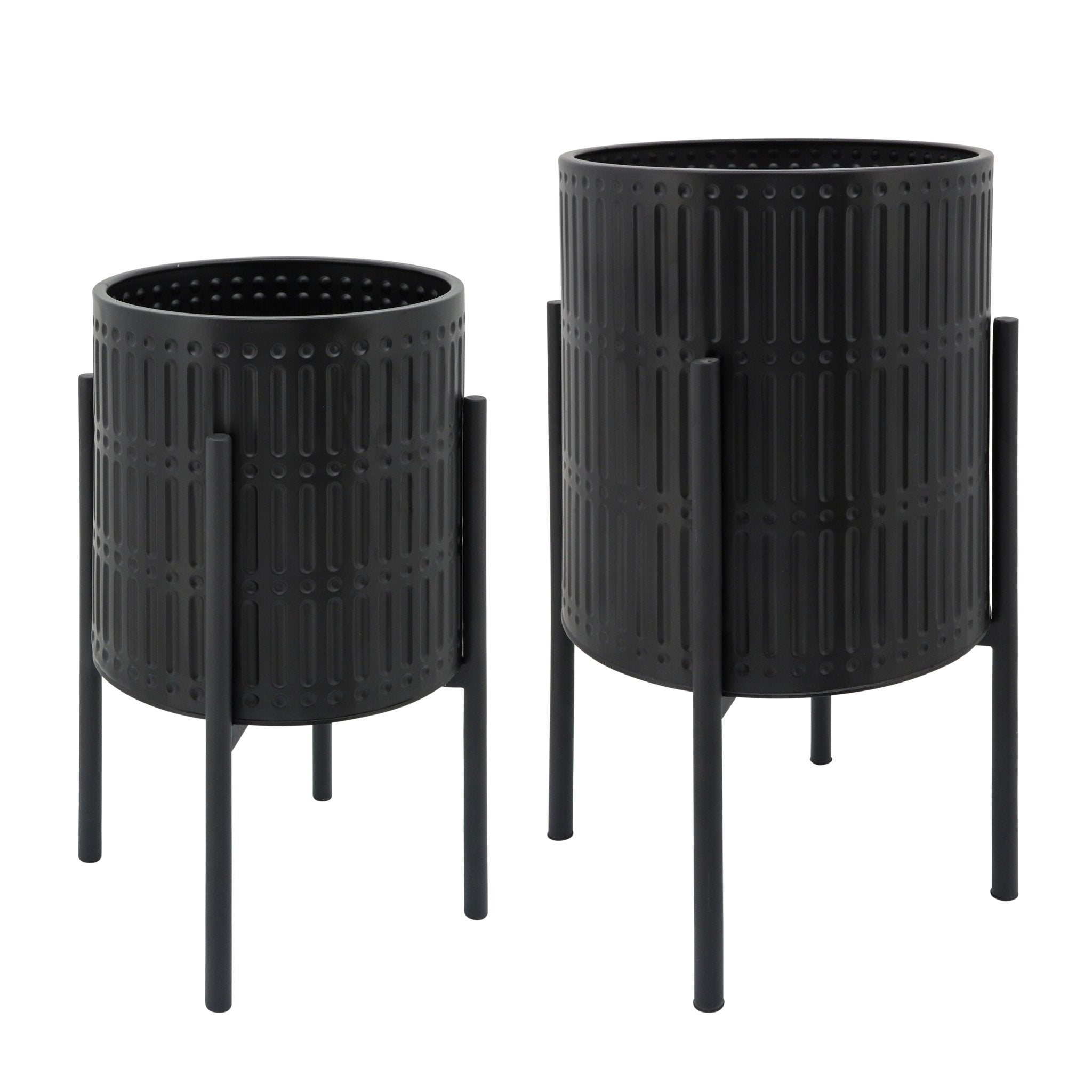 Set of 2 Ridged Planters on Stand, Black | Zigeze