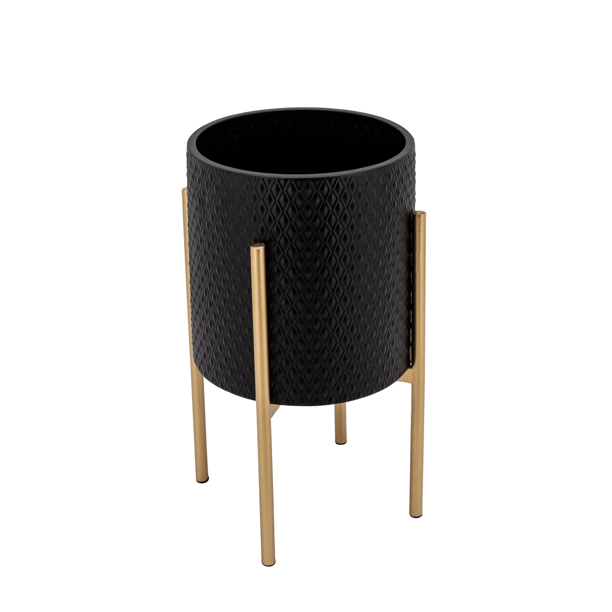 Set of 2 Textured Planter On Stand, Black/Gold | Zigeze