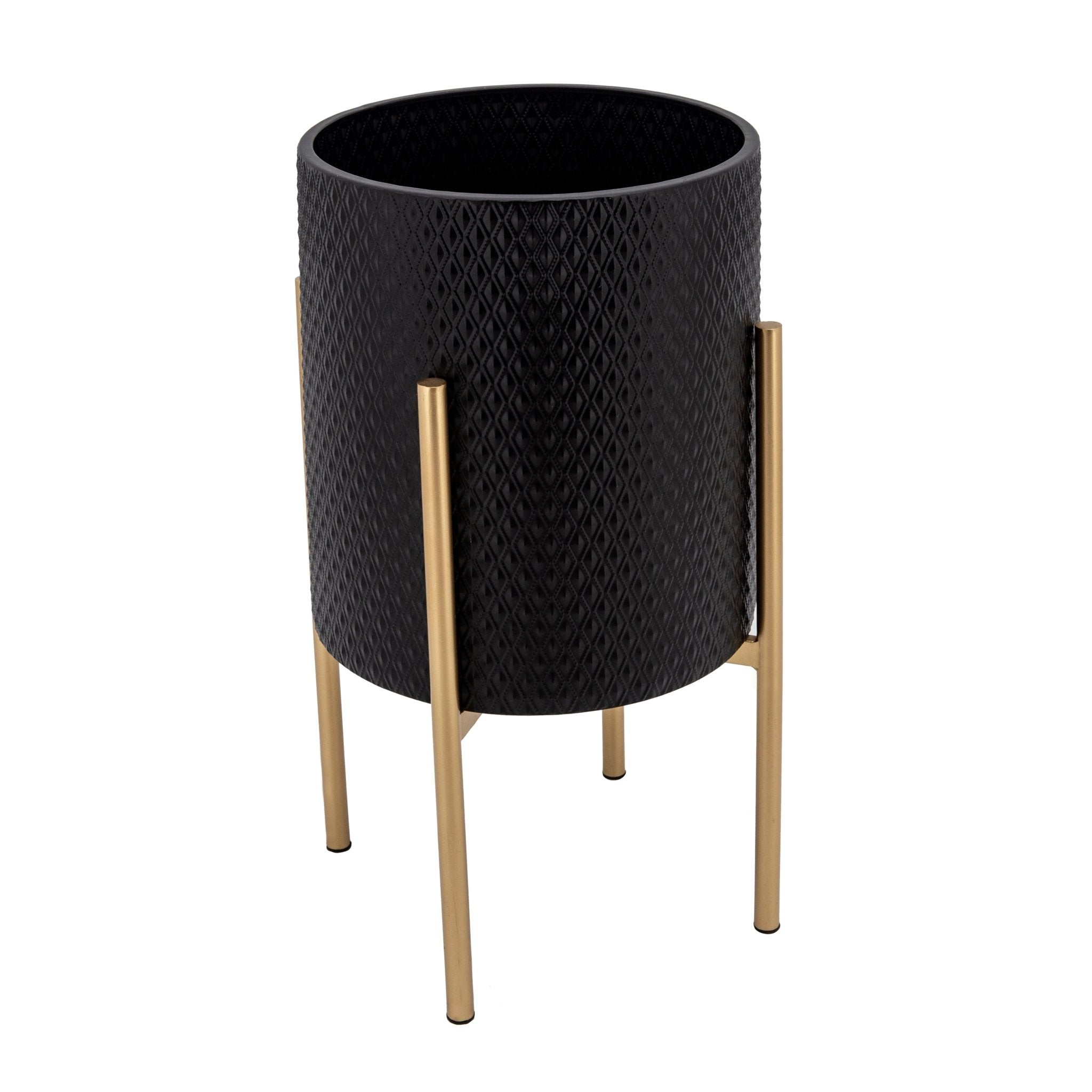 Set of 2 Textured Planter On Stand, Black/Gold | Zigeze