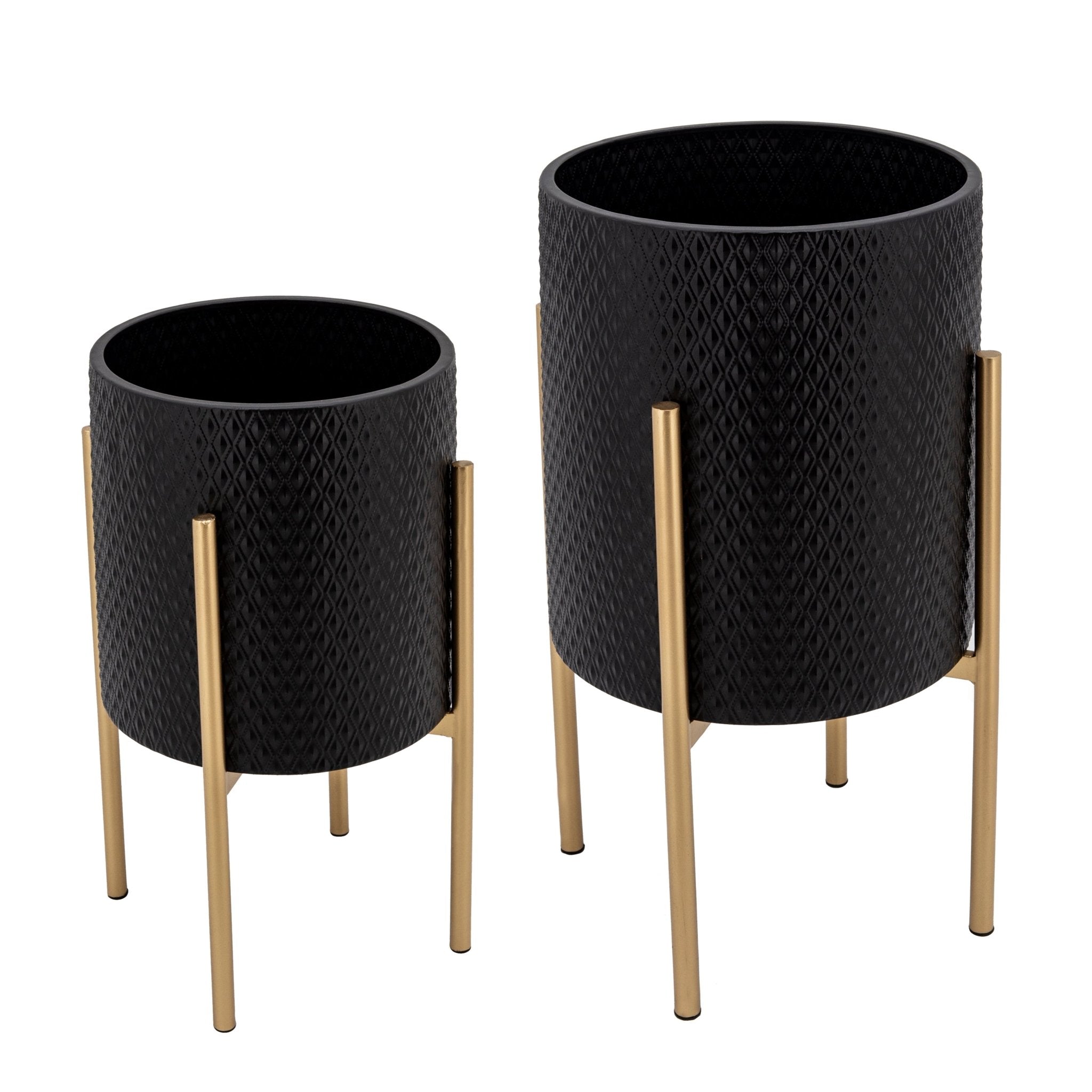 Set of 2 Textured Planter On Stand, Black/Gold | Zigeze
