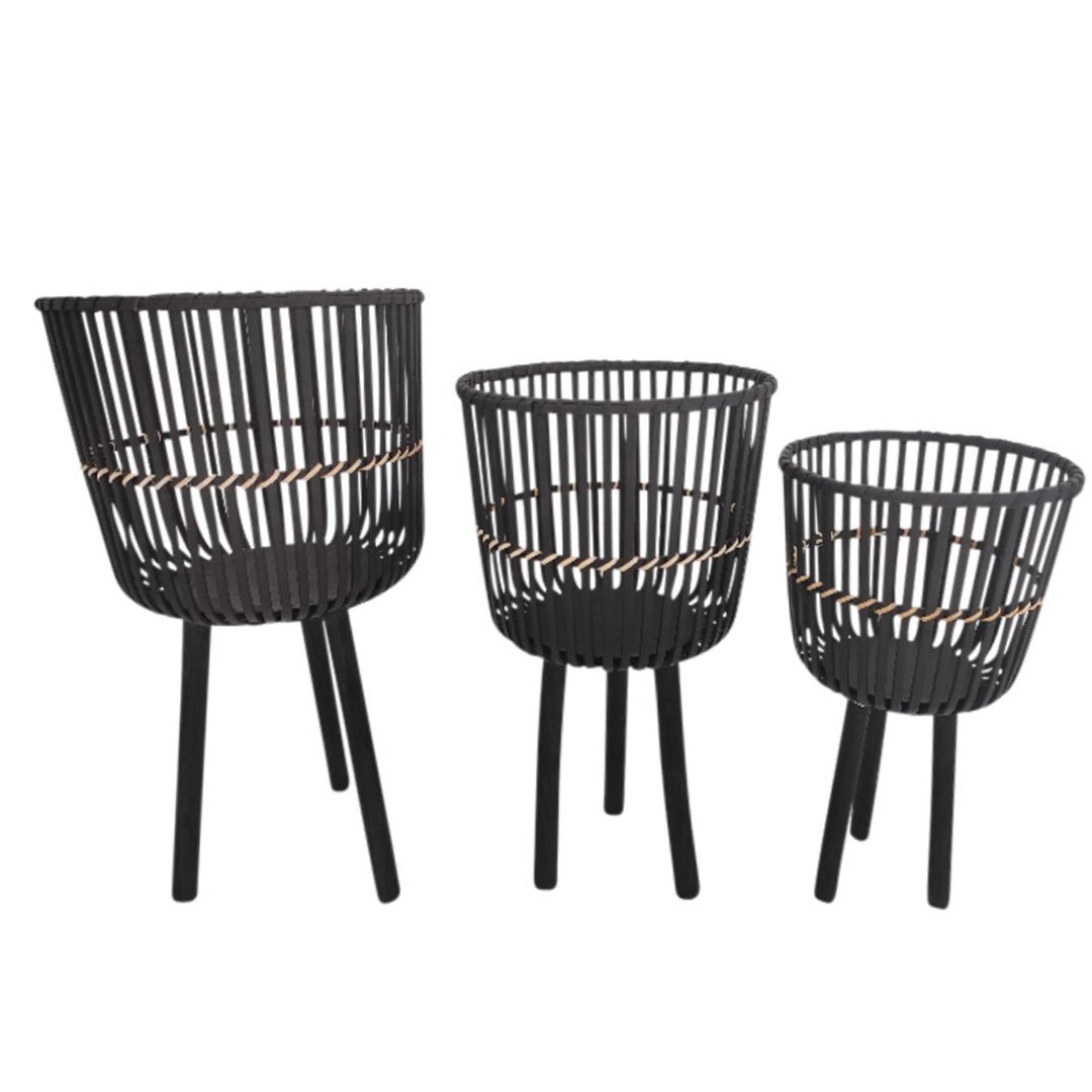 Set of 3 Bamboo Footed Planters, Black | Zigeze