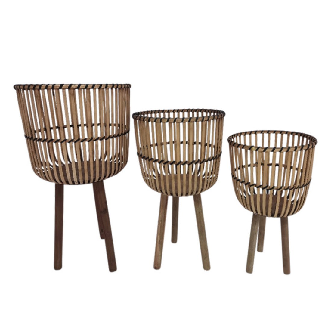 Set of 3 Bamboo Footed Planters, Natural | Zigeze