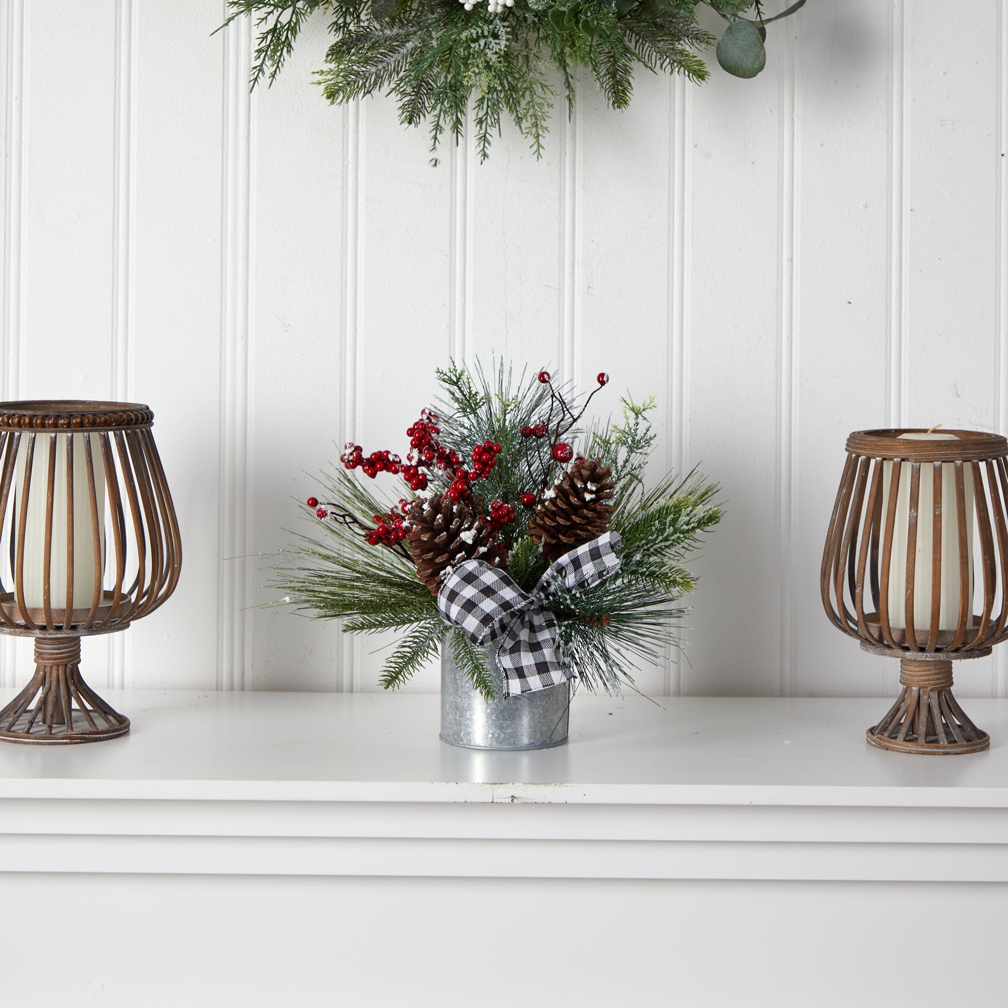 12" Frosted Pine Cones and Berries Arrangement in Vase | Zigeze