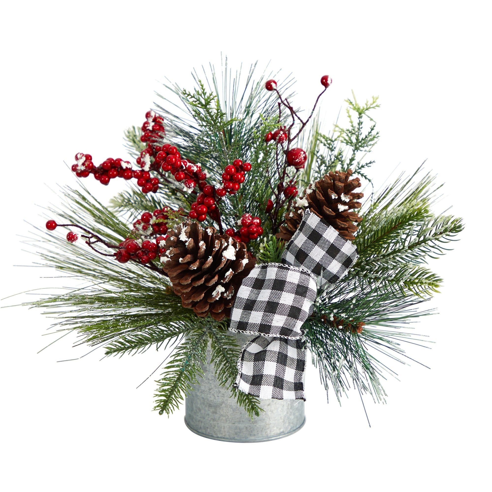 12" Frosted Pine Cones and Berries Arrangement in Vase | Zigeze