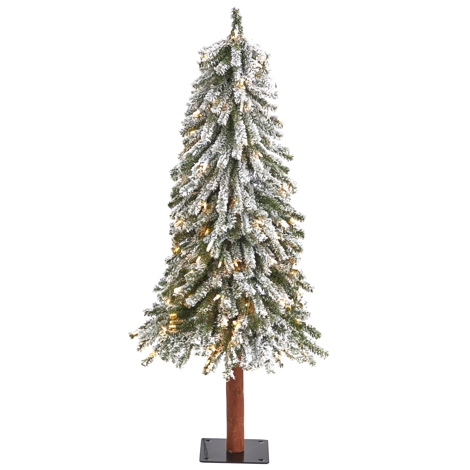 4' Flocked Grand Alpine Tree with 100 Clear Lights on Natural Trunk | Zigeze
