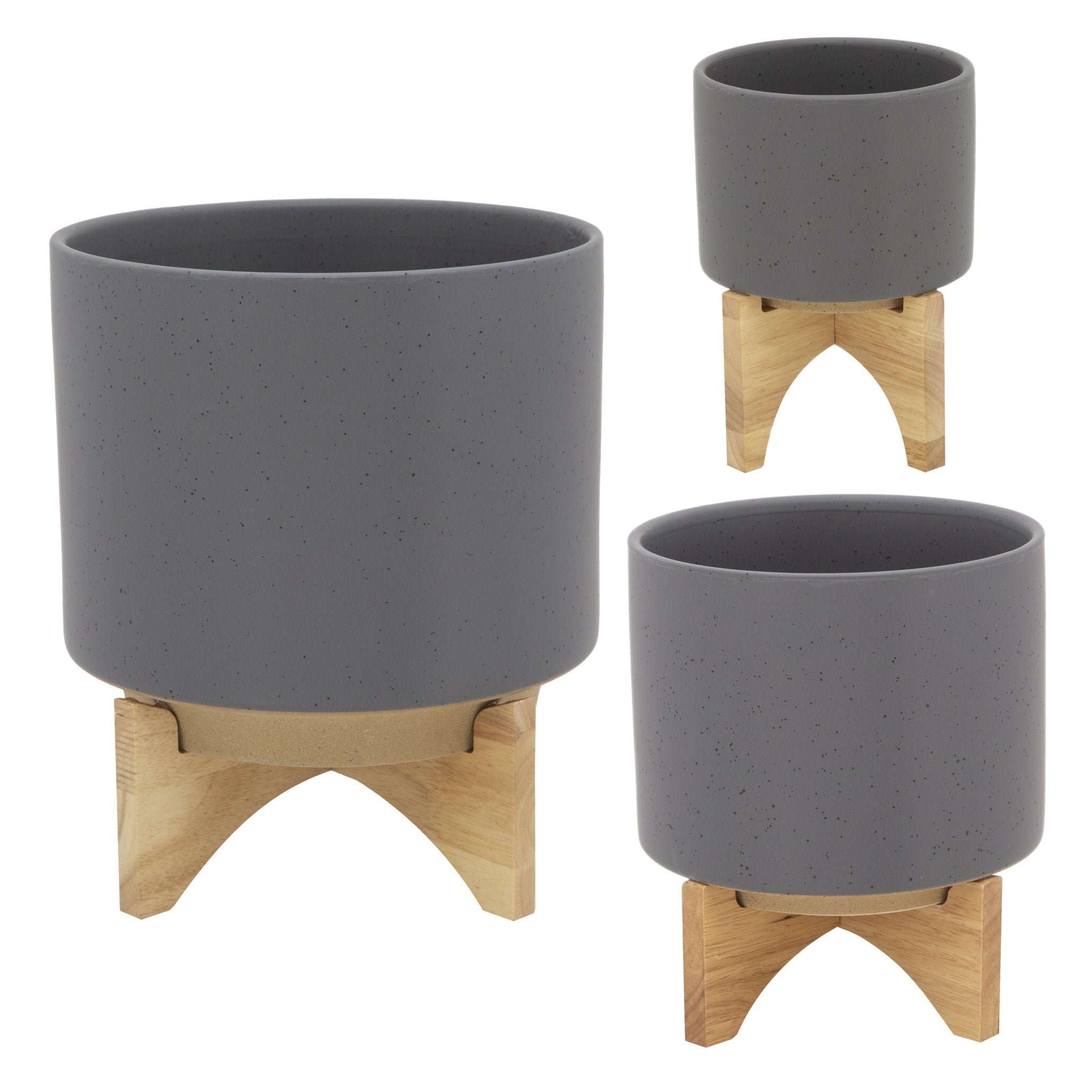 5" Planter with Wood Stand, Matte Gray | Zigeze