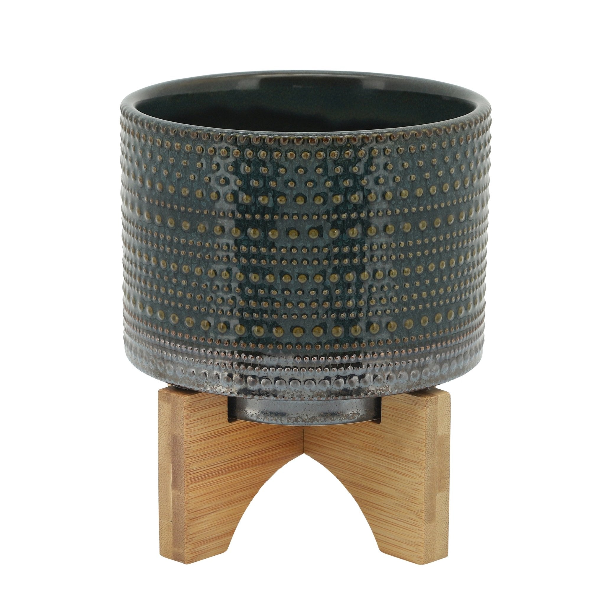 6" Dotted Planter with Wood Stand, Green | Zigeze