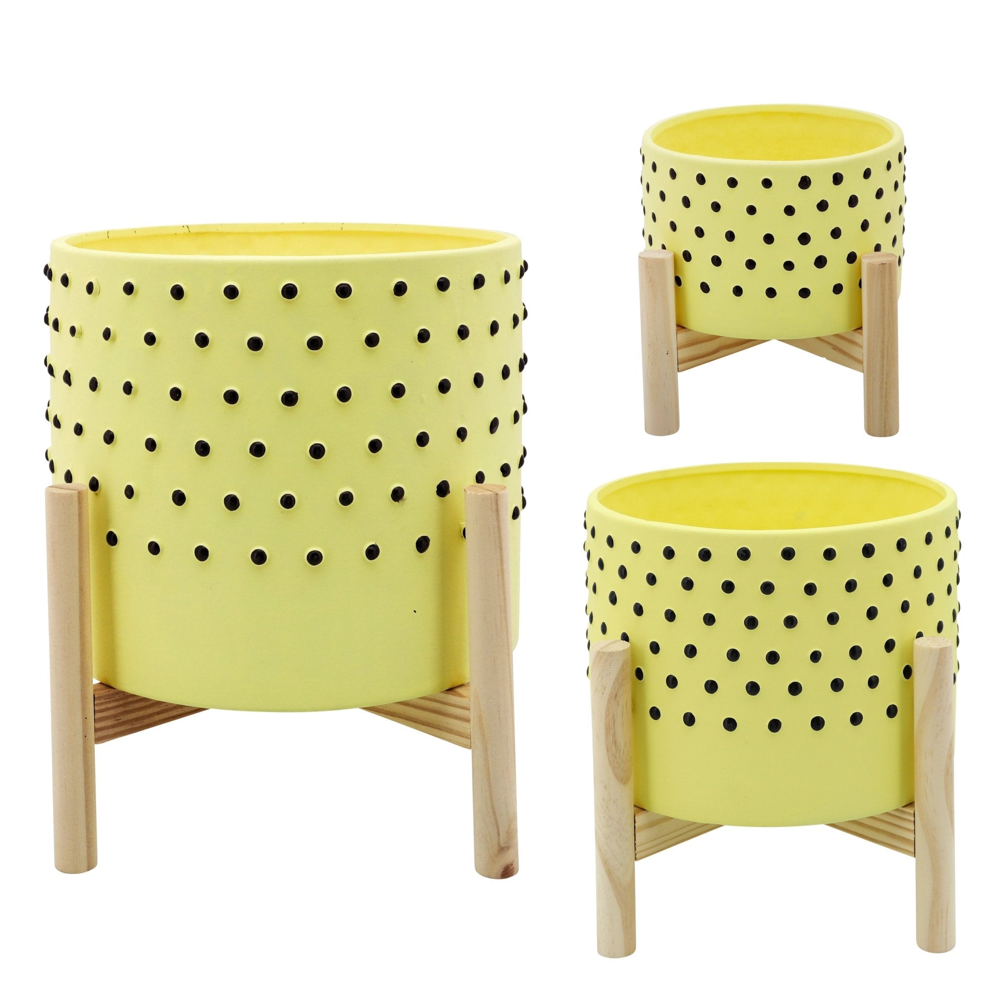 6" Dotted Planter with Wood Stand, Yellow | Zigeze