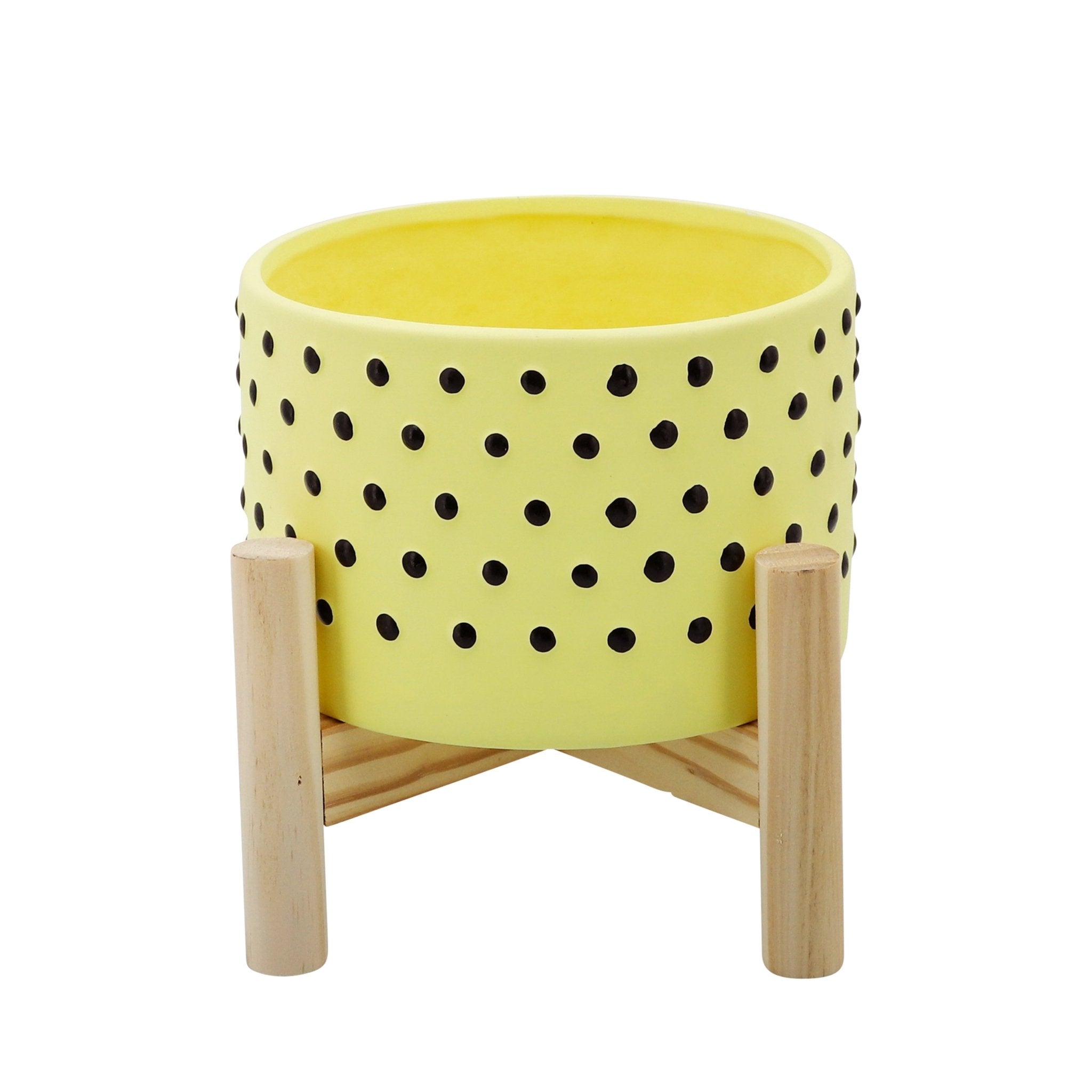 6" Dotted Planter with Wood Stand, Yellow | Zigeze