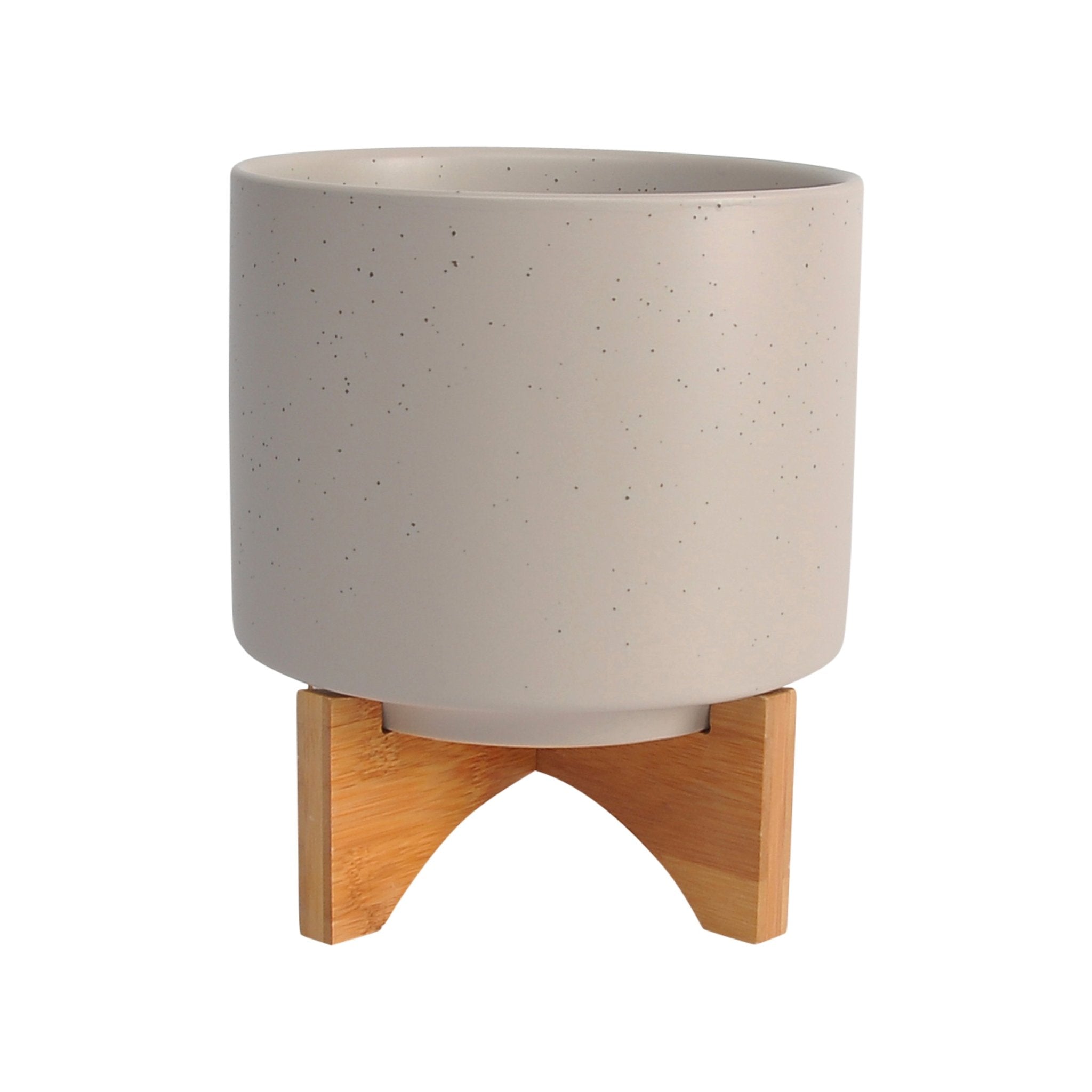 8" Planter with Wood Stand, Matte Beige | Zigeze