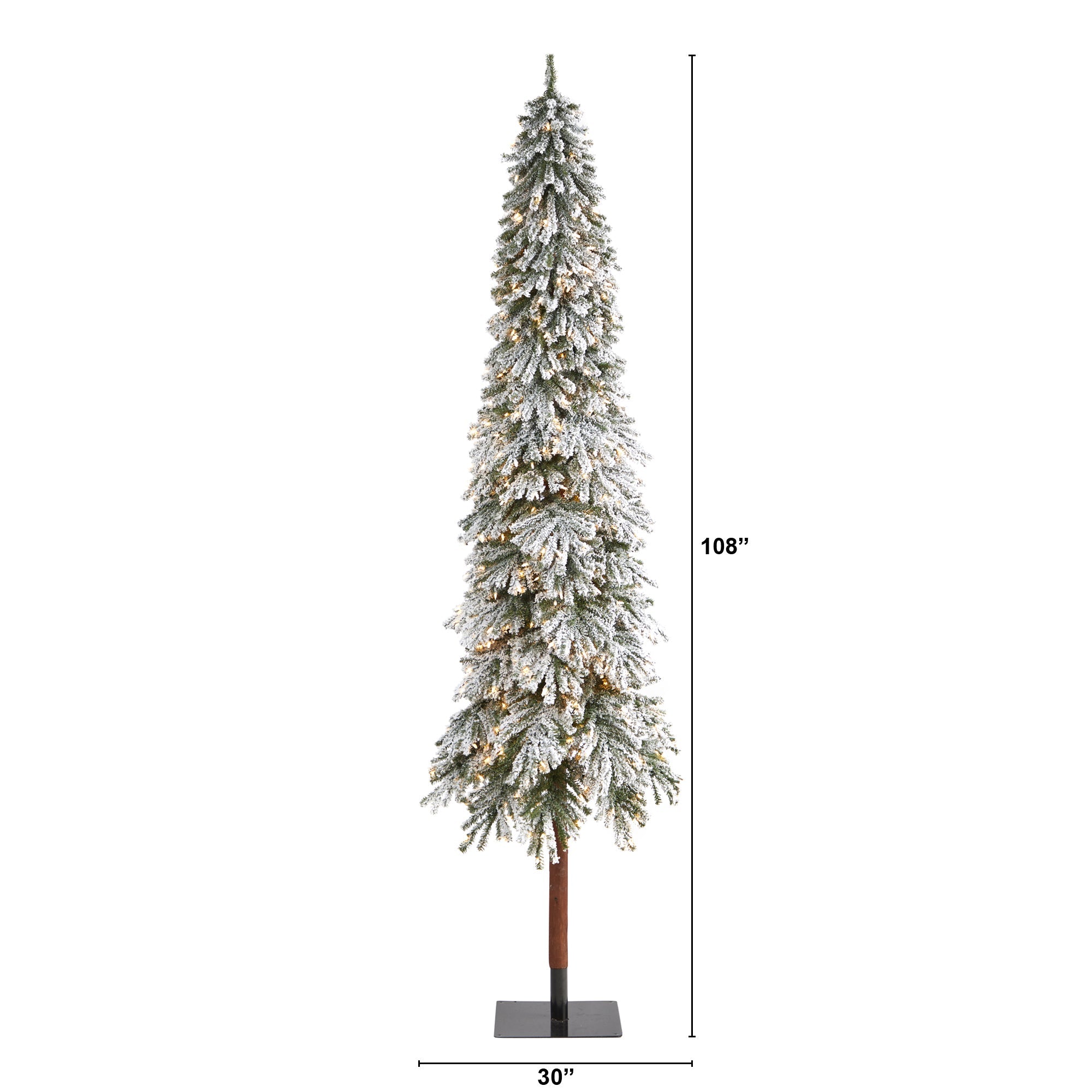 9' Flocked Grand Alpine Tree on Natural Trunk, 600 Clear Lights | Zigeze