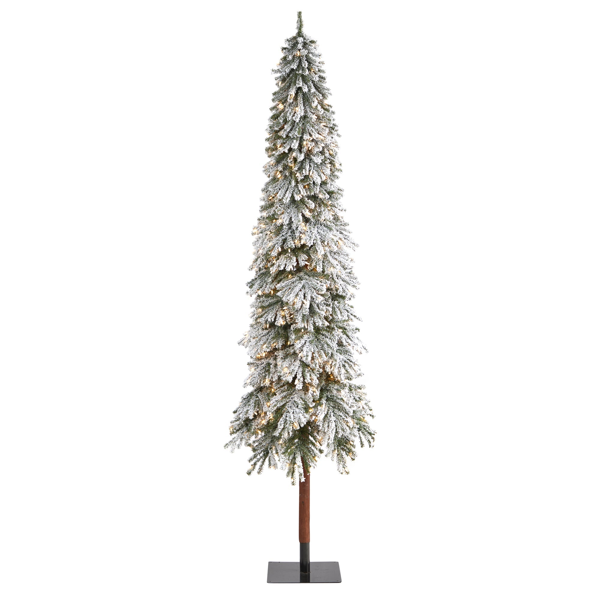 9' Flocked Grand Alpine Tree on Natural Trunk, 600 Clear Lights | Zigeze