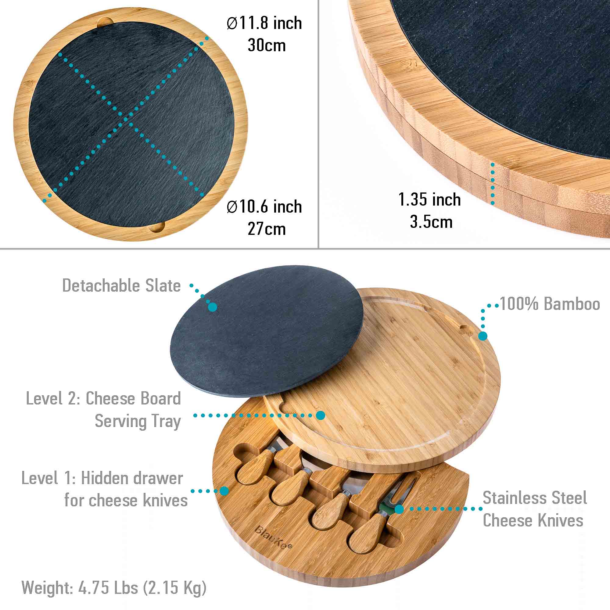 Bamboo Cheese Board with Knife Set and Removable Slate | Zigeze
