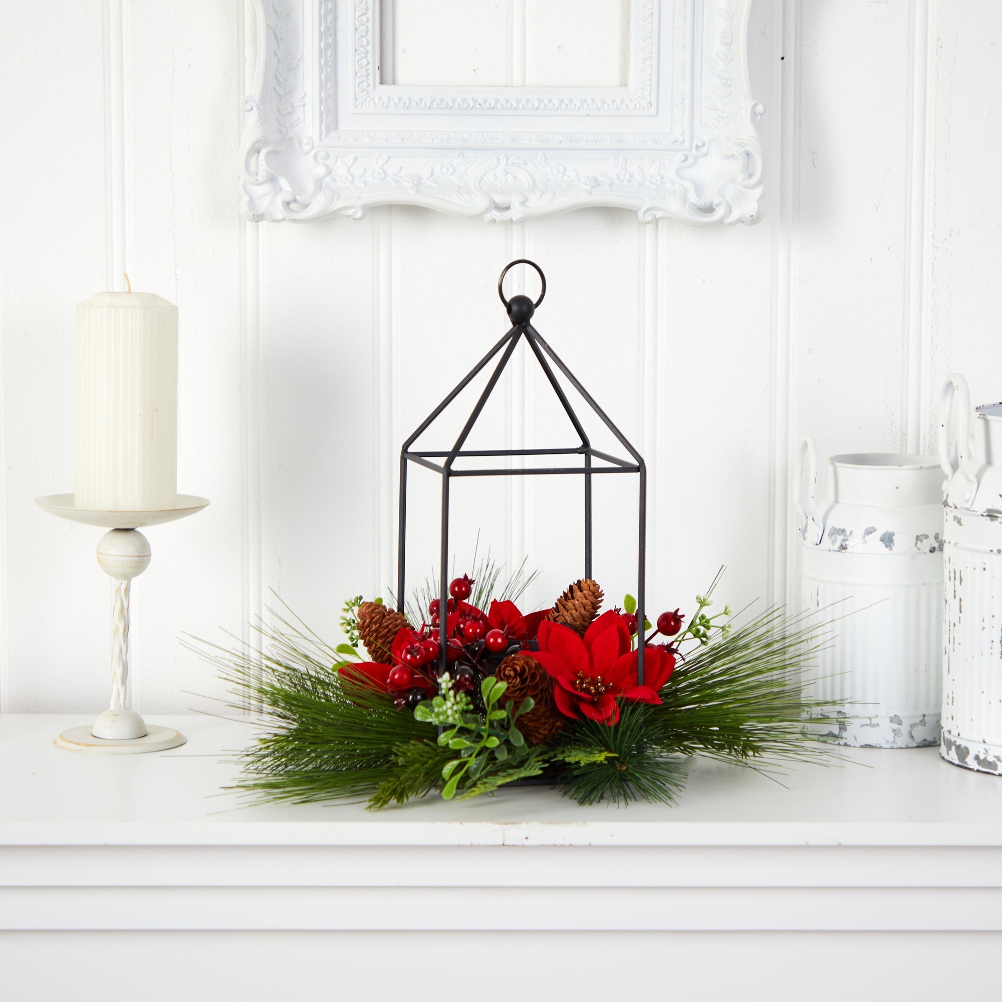 Poinsettia Candelabrum with Pine Cones and Berries | Zigeze