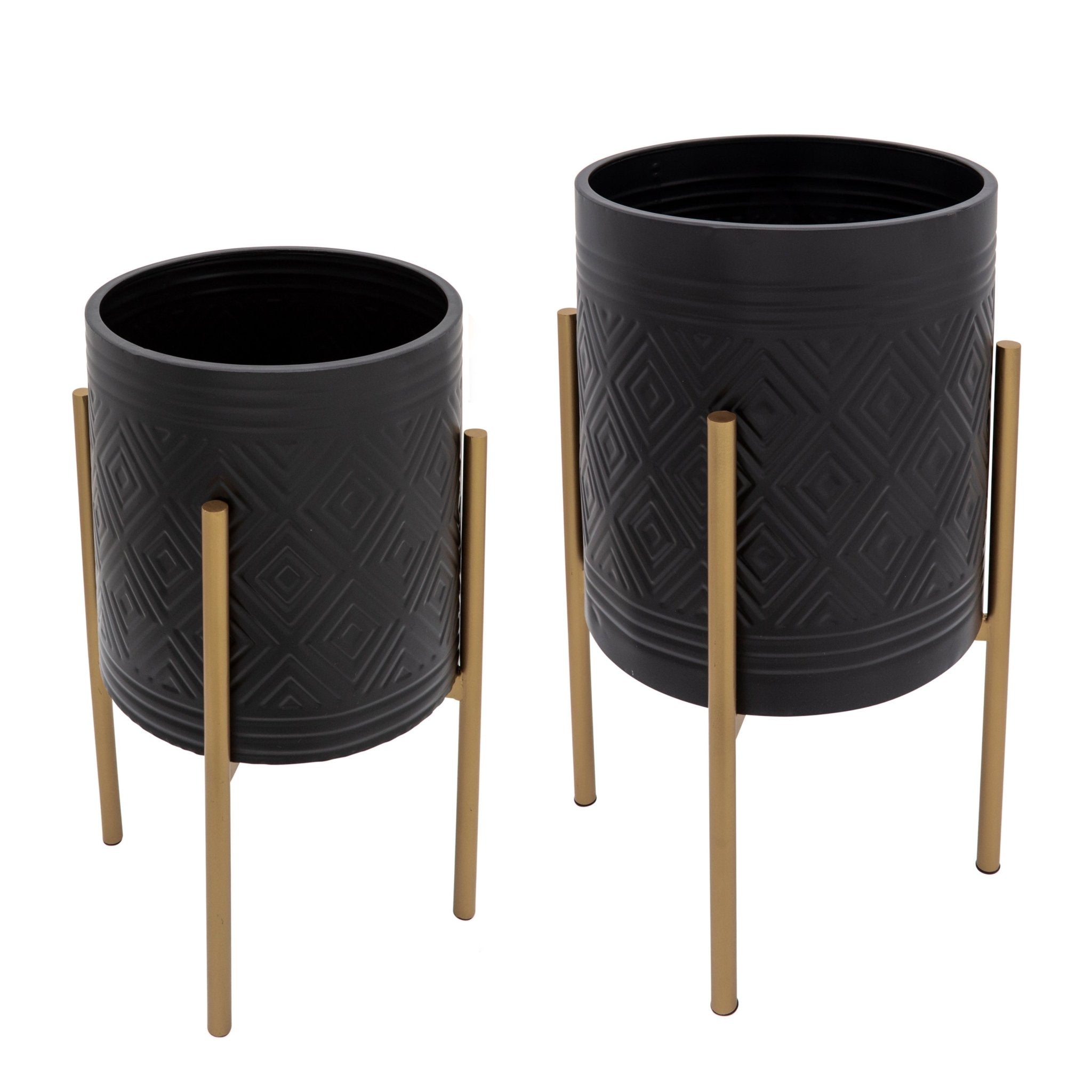 Set of 2 Aztec Planters On Stand, Black/Gold | Zigeze